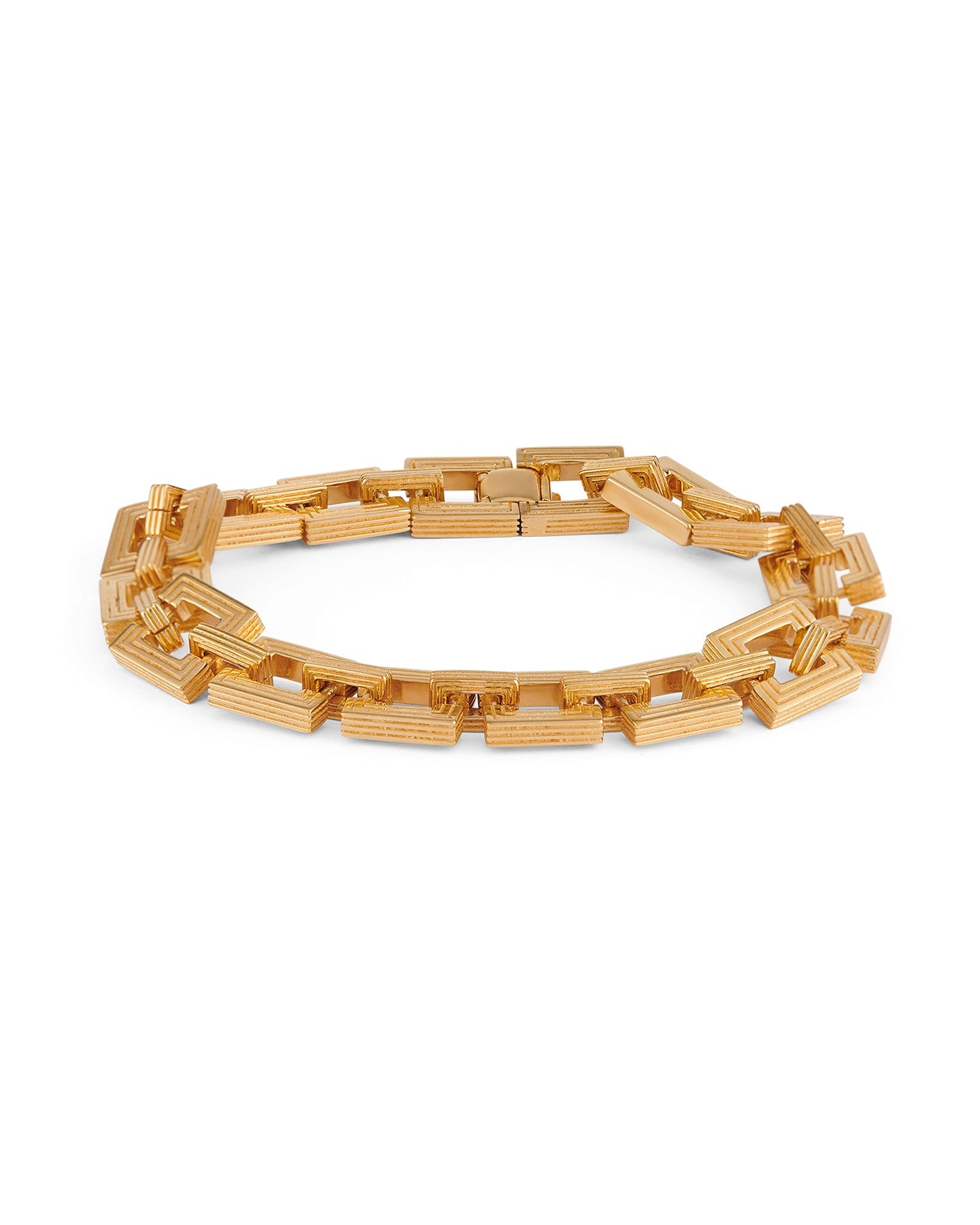 A gold-plated bracelet with interlocking square links, displayed against a white background.