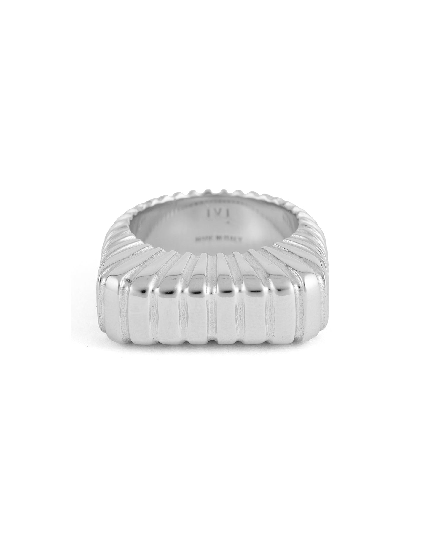 A rhodium-plated silver signet ring with a contemporary square profile.