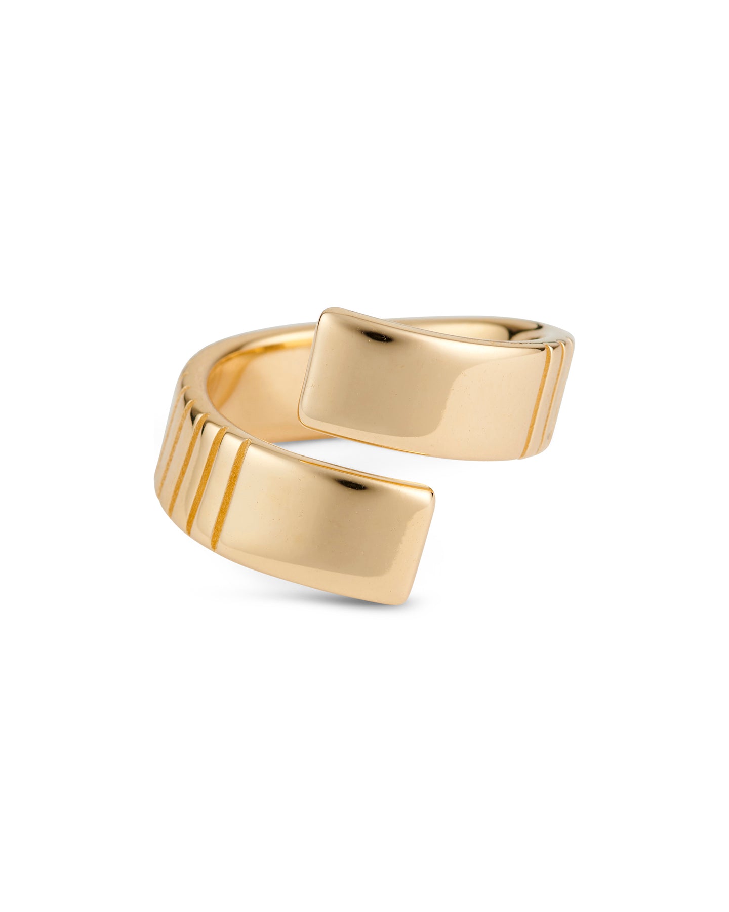 A gold-plated, twist-style ring with a bold aesthetic and meticulous engravings.