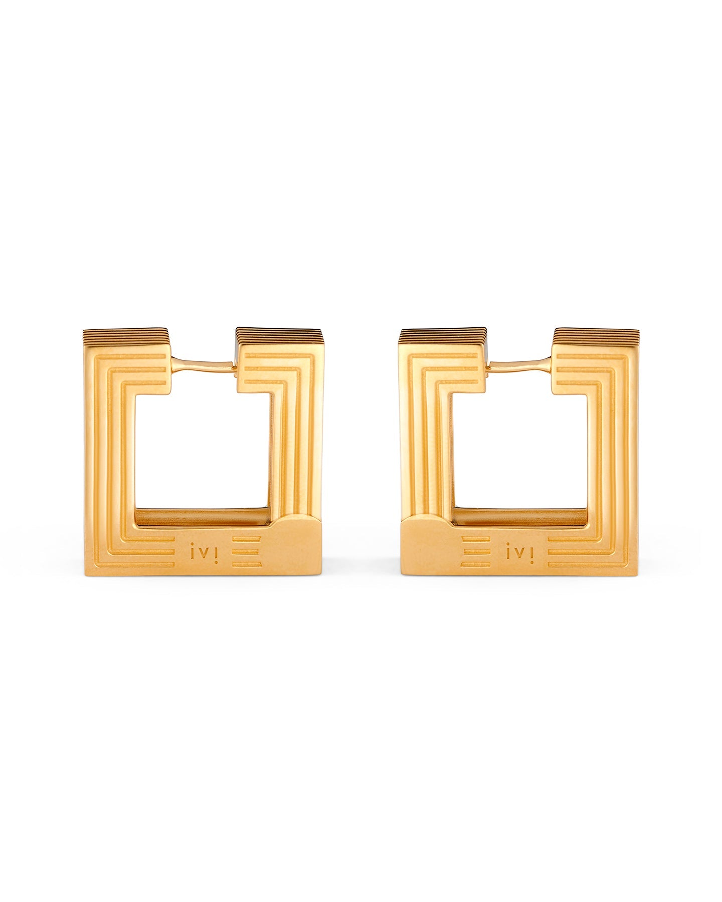 Pair of gold-plated medium Aurelia sculptural square hoop earrings on a white background.