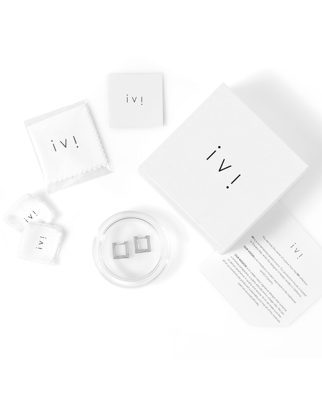 Pair of rhodium-plated Mini Wide Aurelia sculptural square hoop earrings alongside IVI packaging.