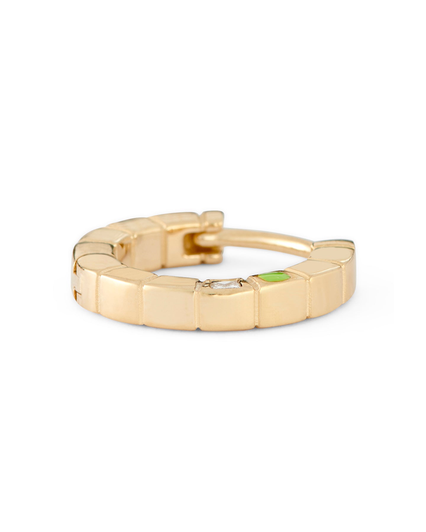 A gold-plated Mini Signore hoop earring with green enamel and diamond detail on a white background.