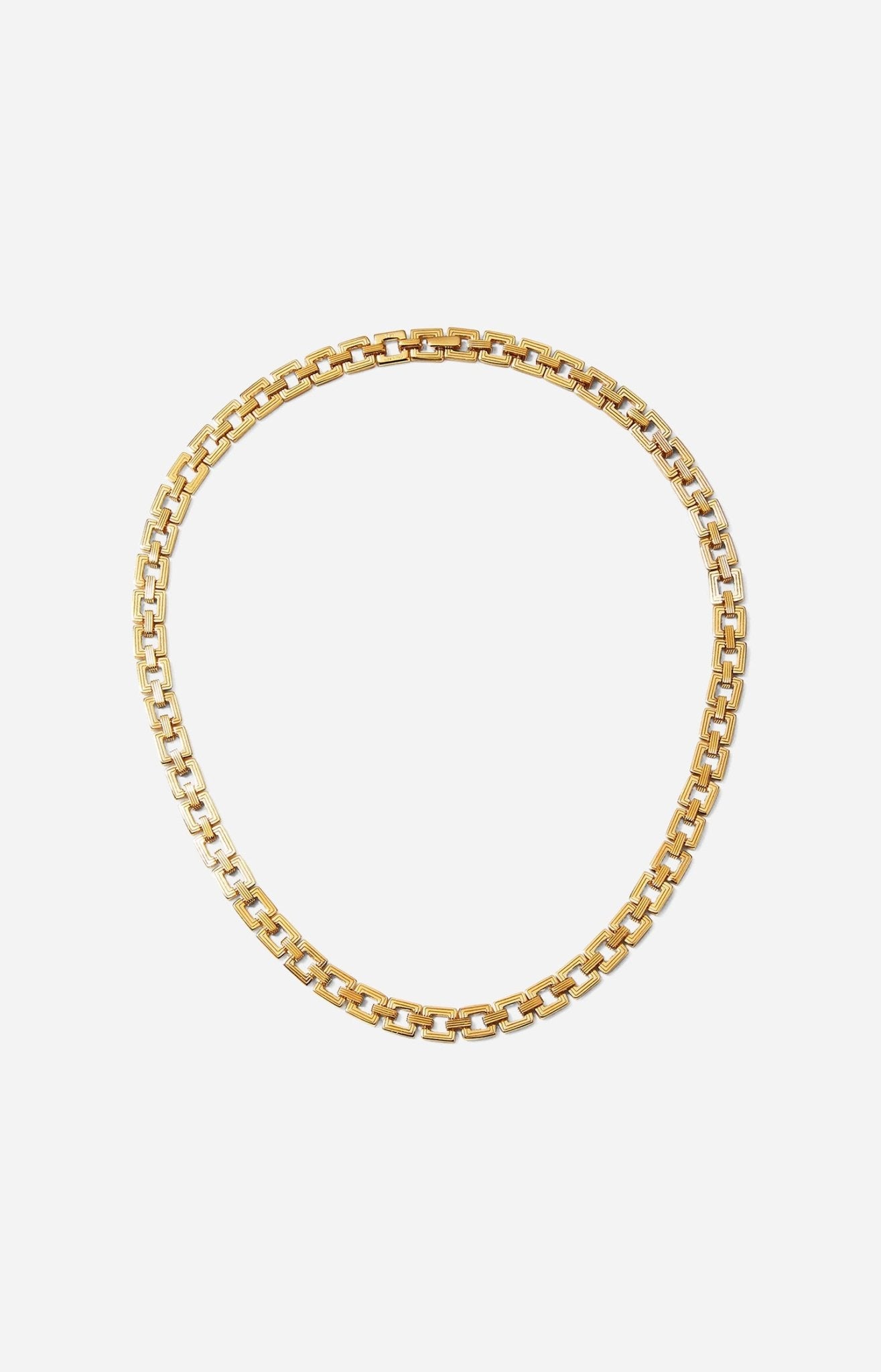 A gold-plated chain choker with interlocking square links.