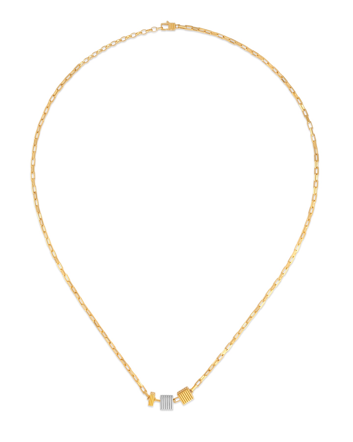 Gold necklace with a small pendant on a white background