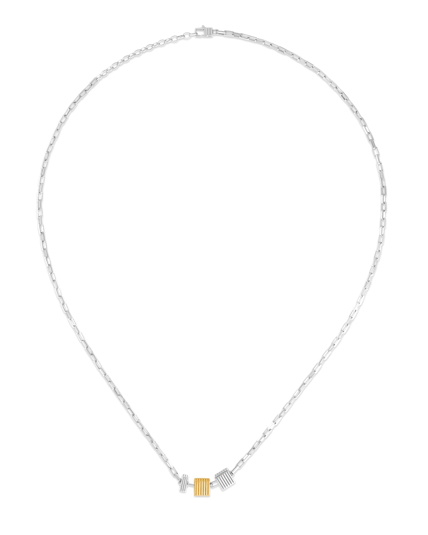 Necklace with a small gold square pendant on a white background