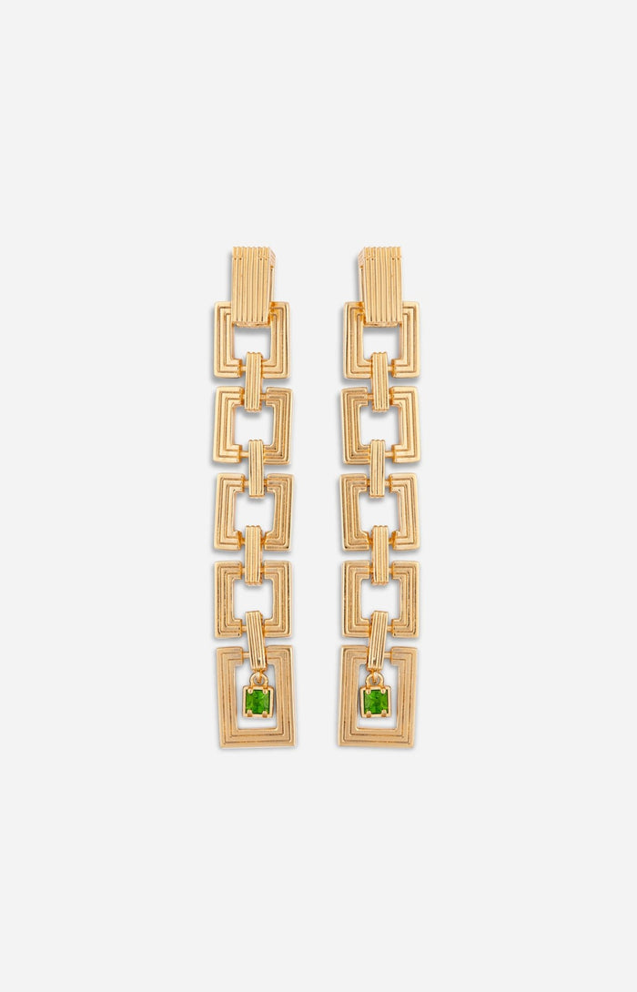 Long gold geometric link earrings with square drop design and green gemstone detail.