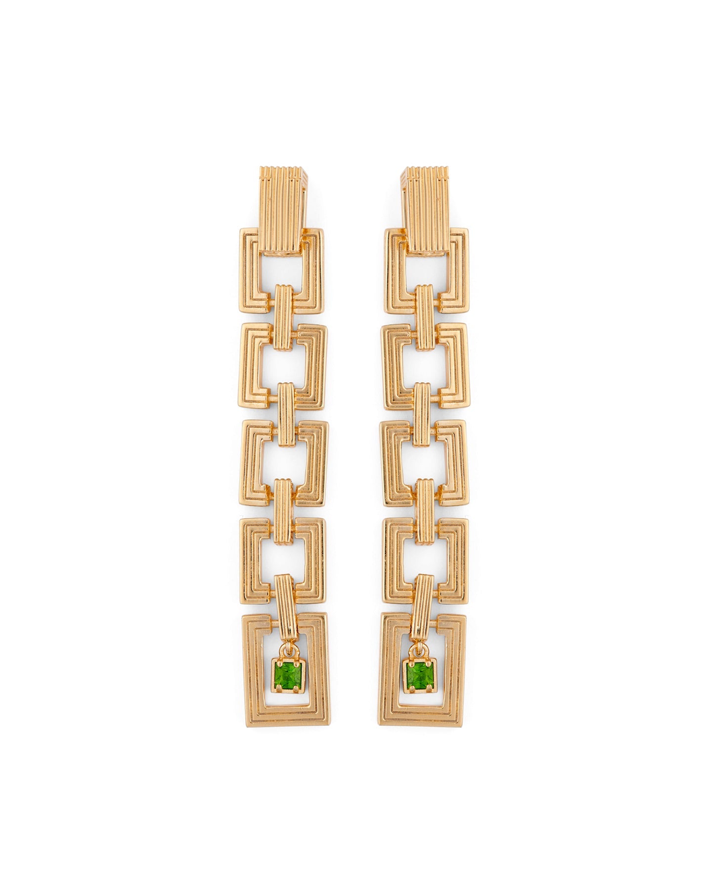 Long gold geometric link earrings with square drop design and green gemstone detail.