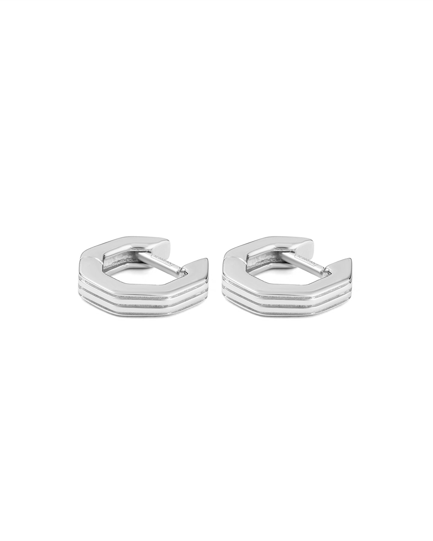 Silver geometric huggies earrings with angular design.