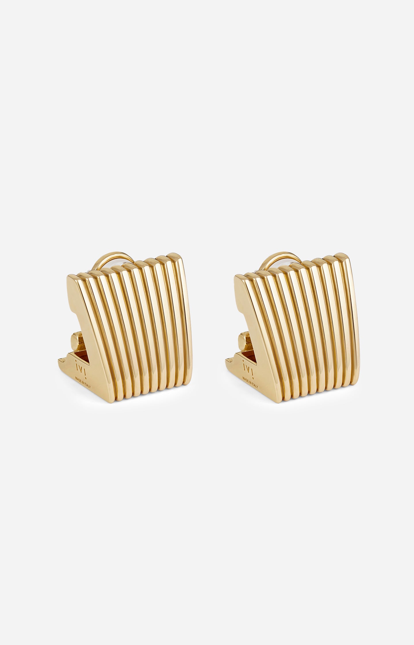 Gold square earrings with a ribbed texture on a white background