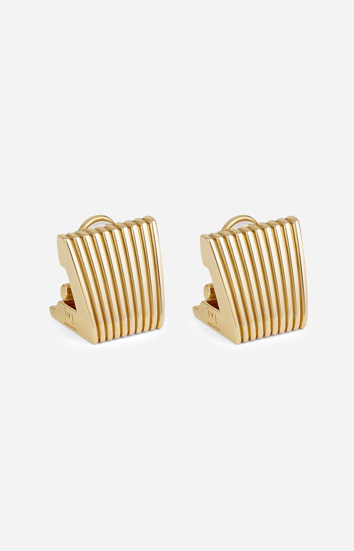 Gold square earrings with a ribbed texture on a white background