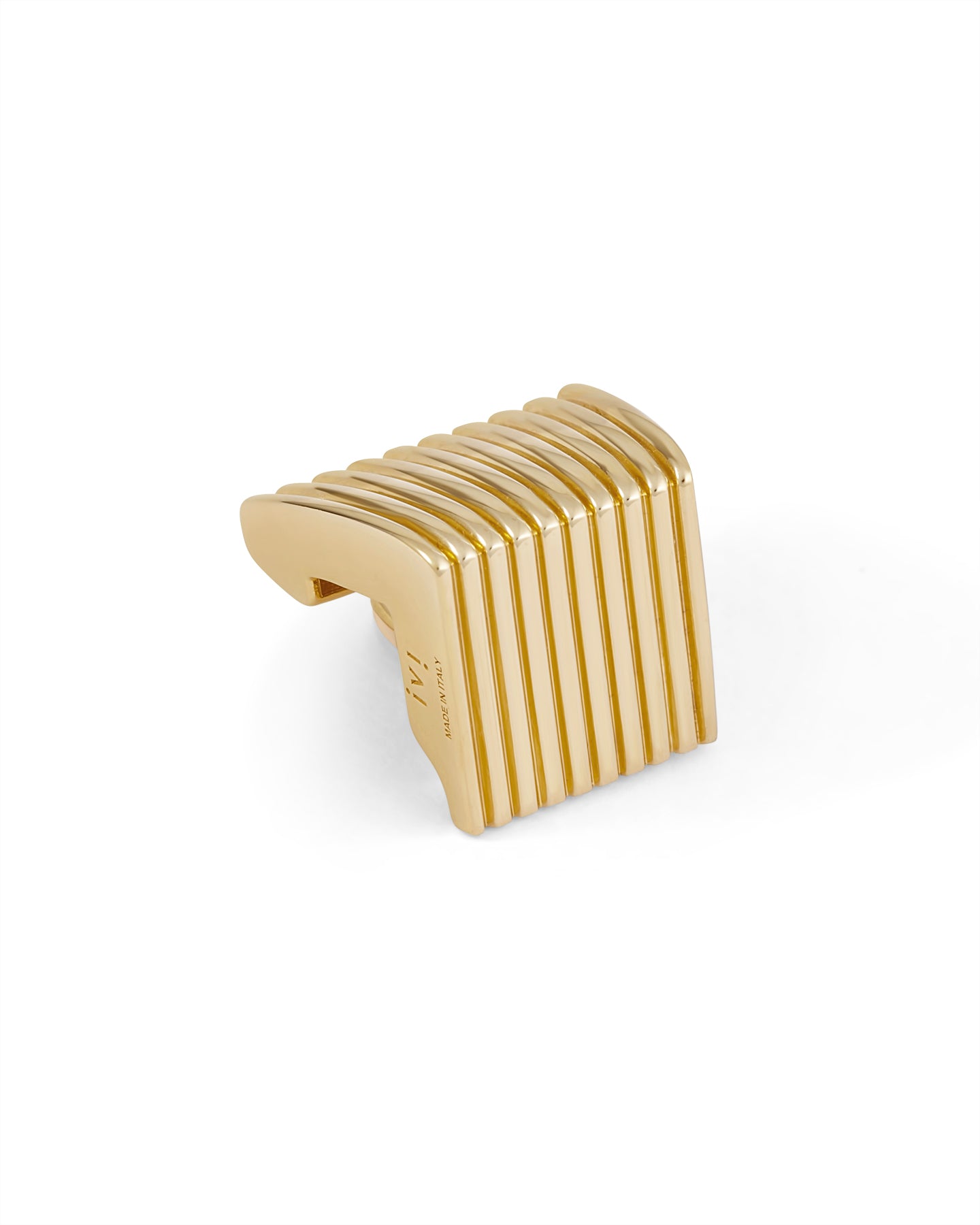 Gold striped earring with 'ivi' branding on a white background