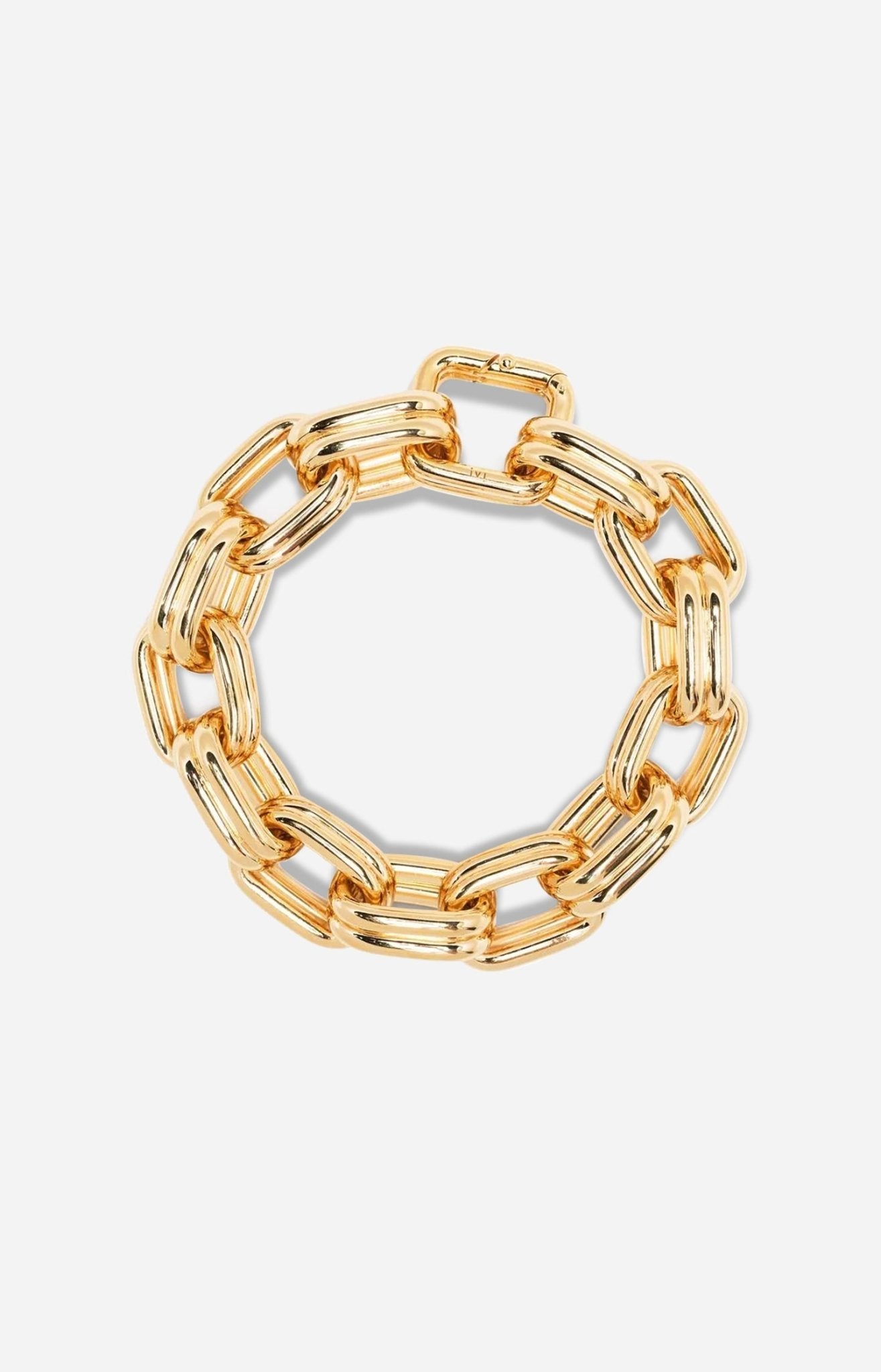 A gold-plated bracelet with oversized oval links, giving it a bold, chunky appearance.