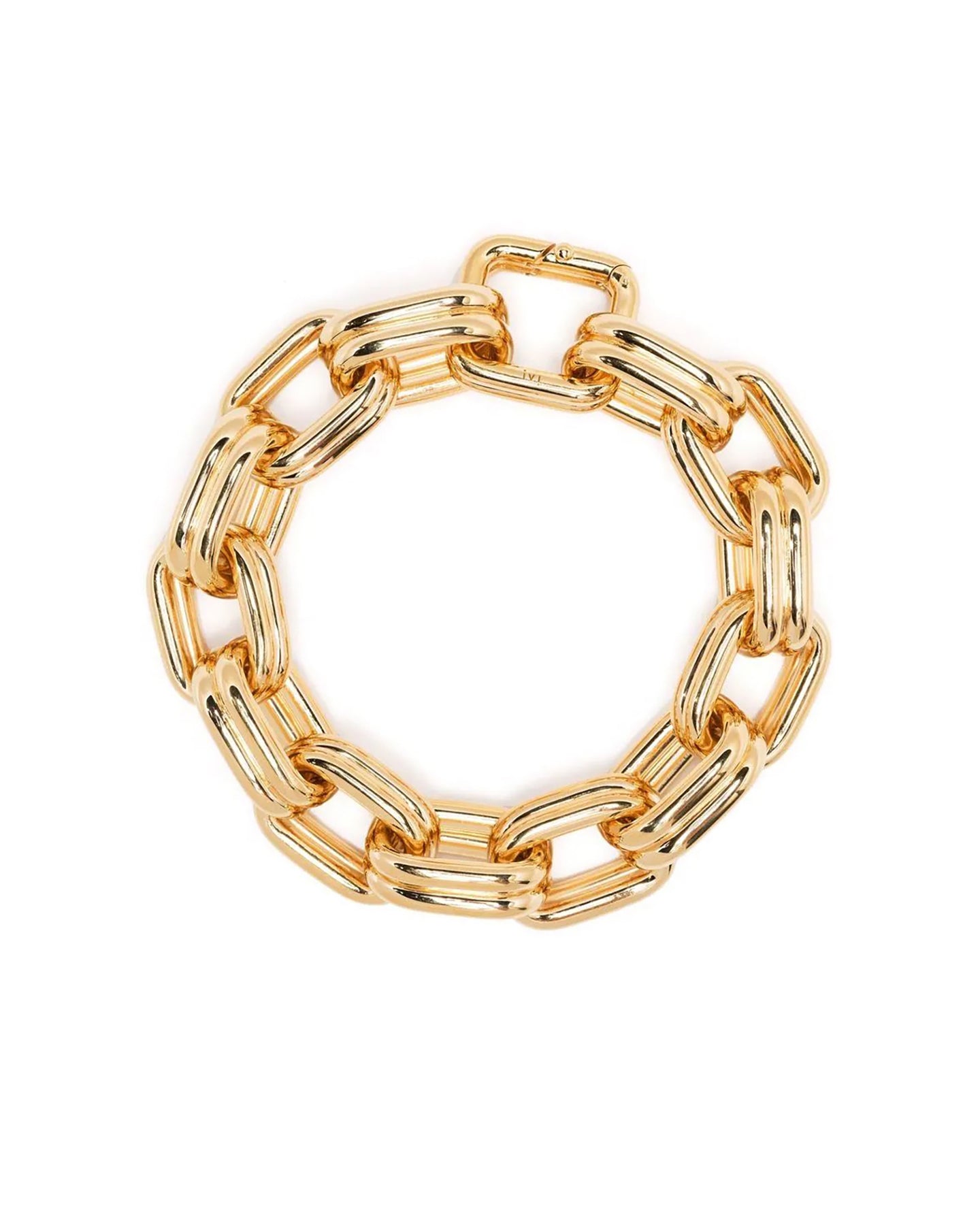 A gold-plated bracelet with oversized oval links, giving it a bold, chunky appearance.