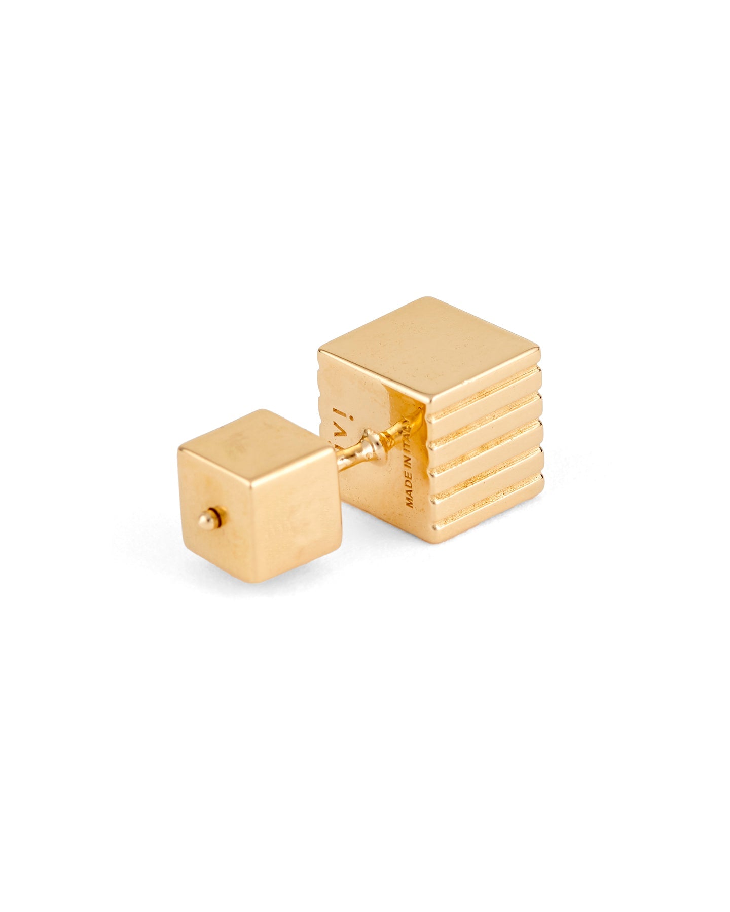 A pair of gold-plated cube-shaped stud earrings with a square post.