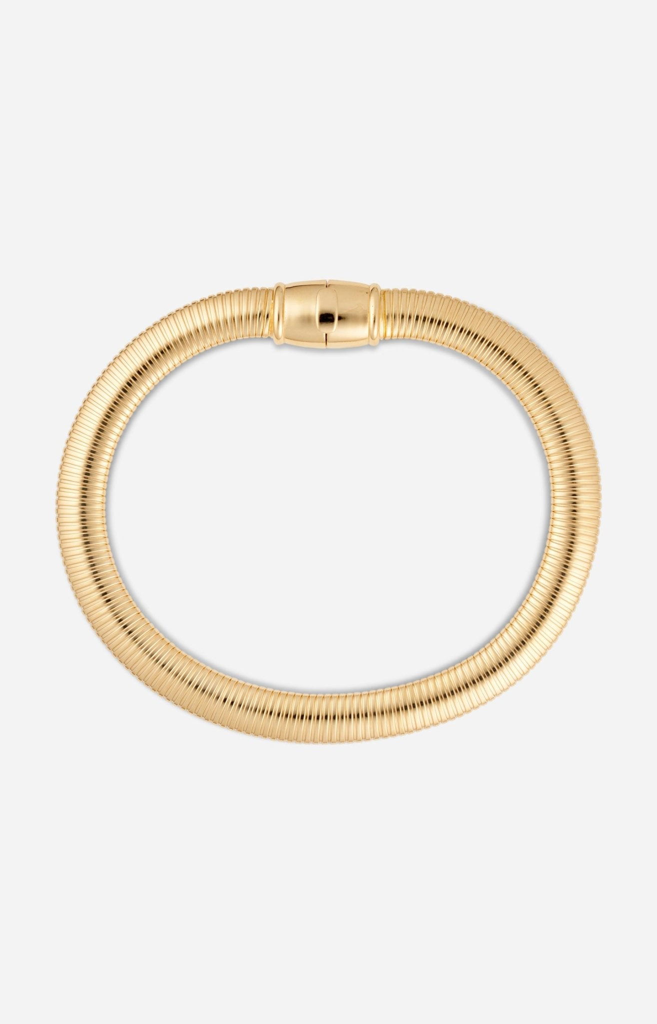 A gold-plated necklace with a flexible tubular design and a magnetic clasp.