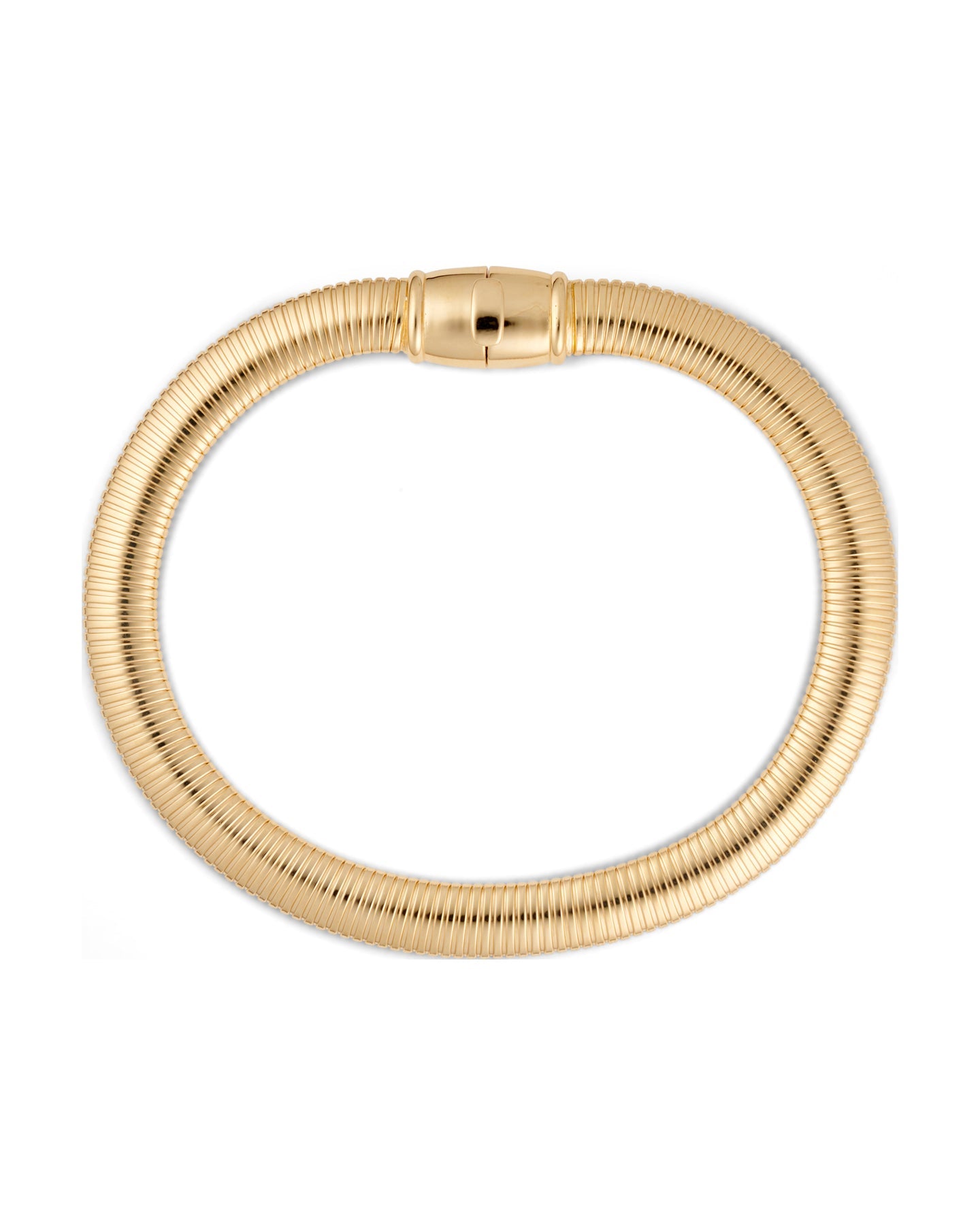 A gold-plated necklace with a flexible tubular design and a magnetic clasp.