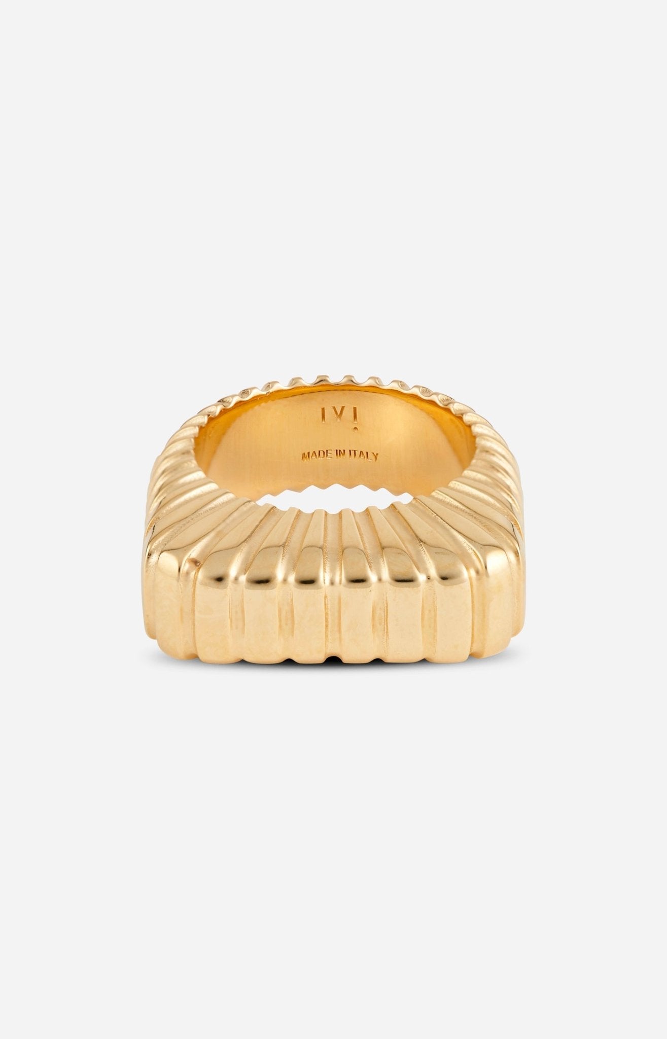 A gold-plated signet-style ring with a contemporary square profile.
