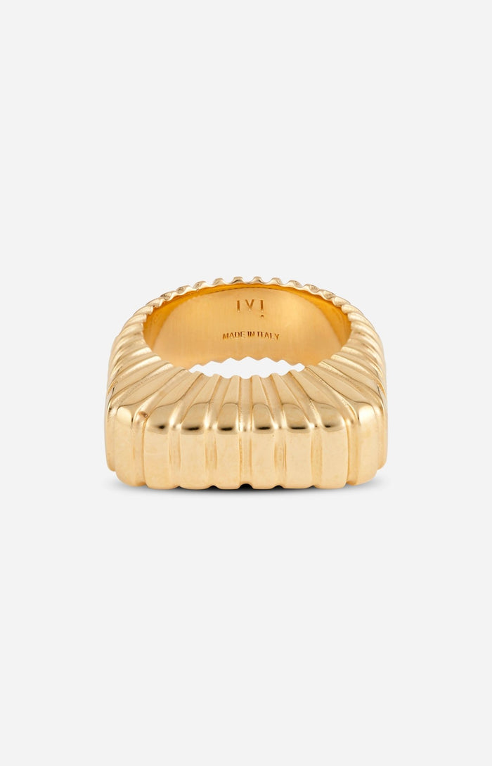 A gold-plated signet-style ring with a contemporary square profile.