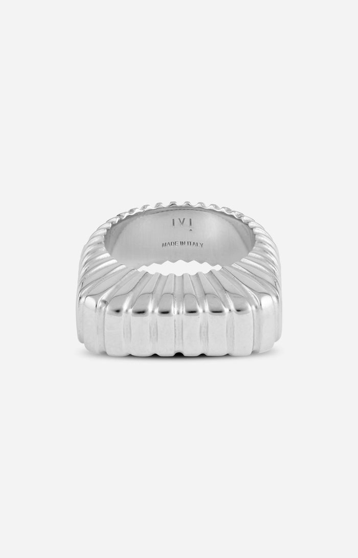 A rhodium-plated silver signet ring with a contemporary square profile.