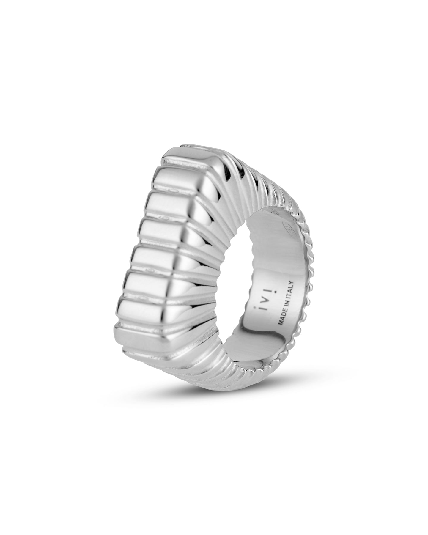 A rhodium-plated silver signet ring with a contemporary square profile.