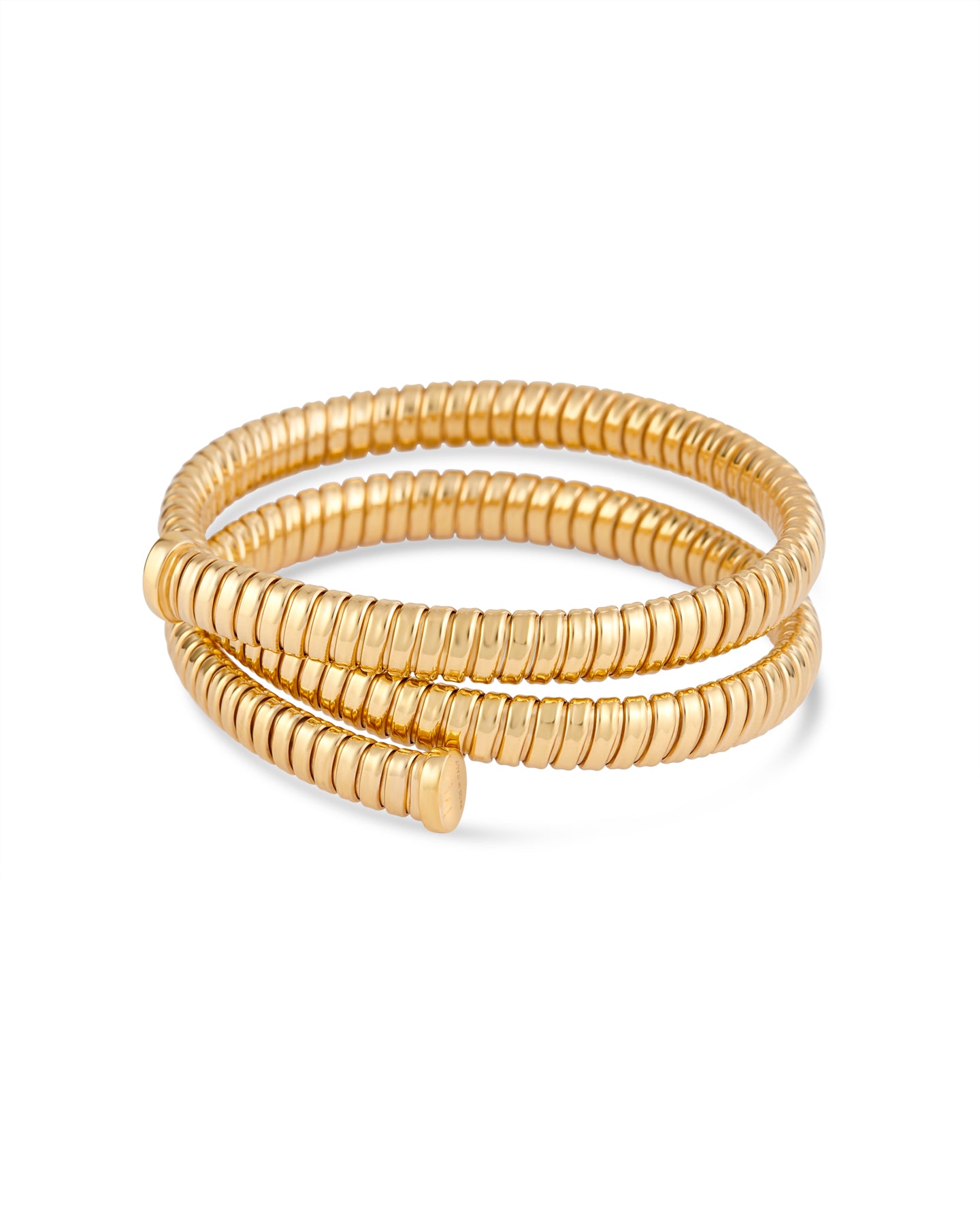 Gold spiral bracelet on a white background