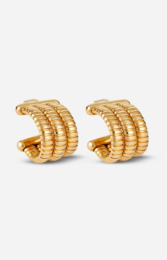 A pair of gold-plated Gaia Triple twist hoops earrings designed with a classic Tubogas technique.