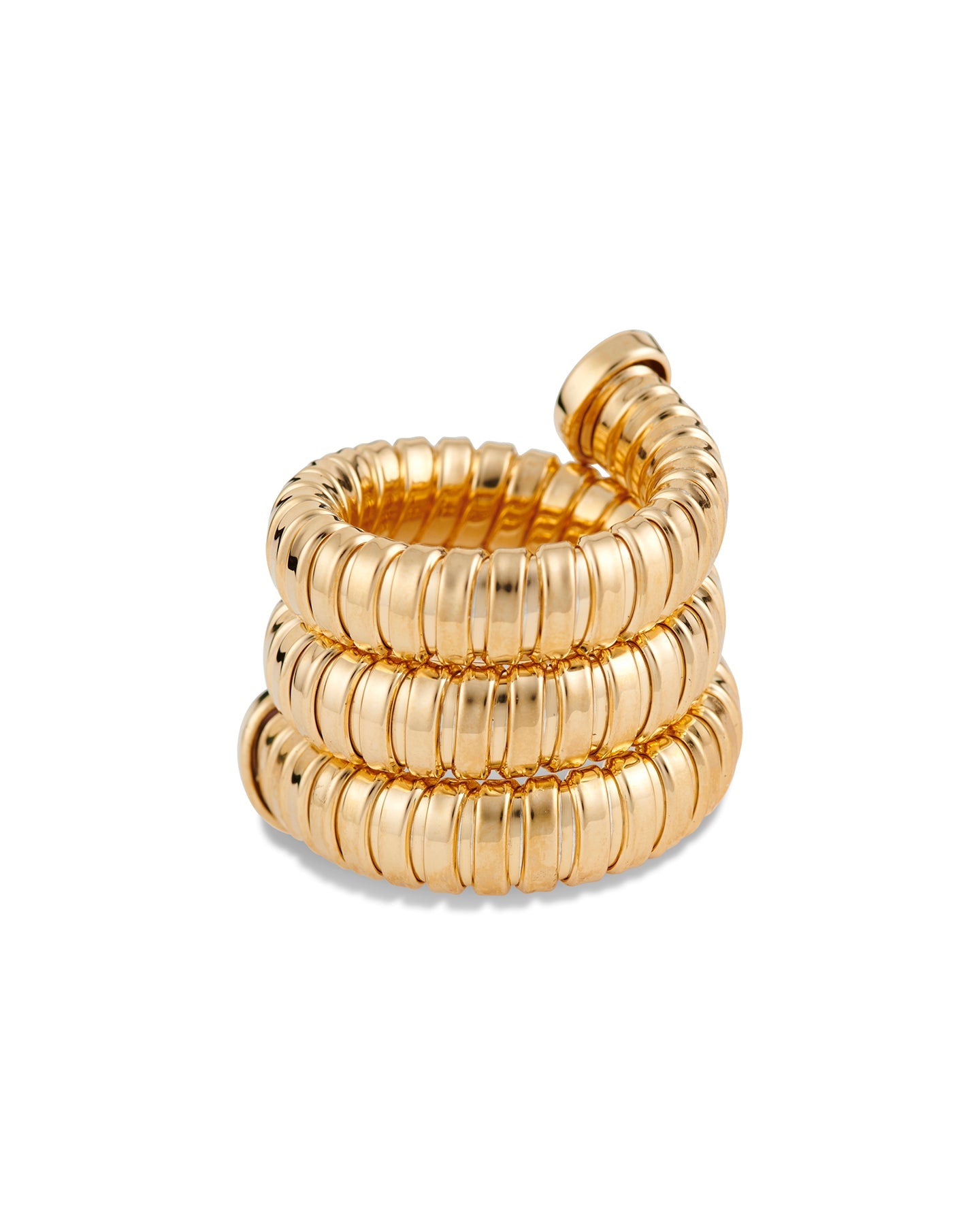 A gold-plated Gaia Triple Twist ring with a winding silhouette, displayed on a white background.