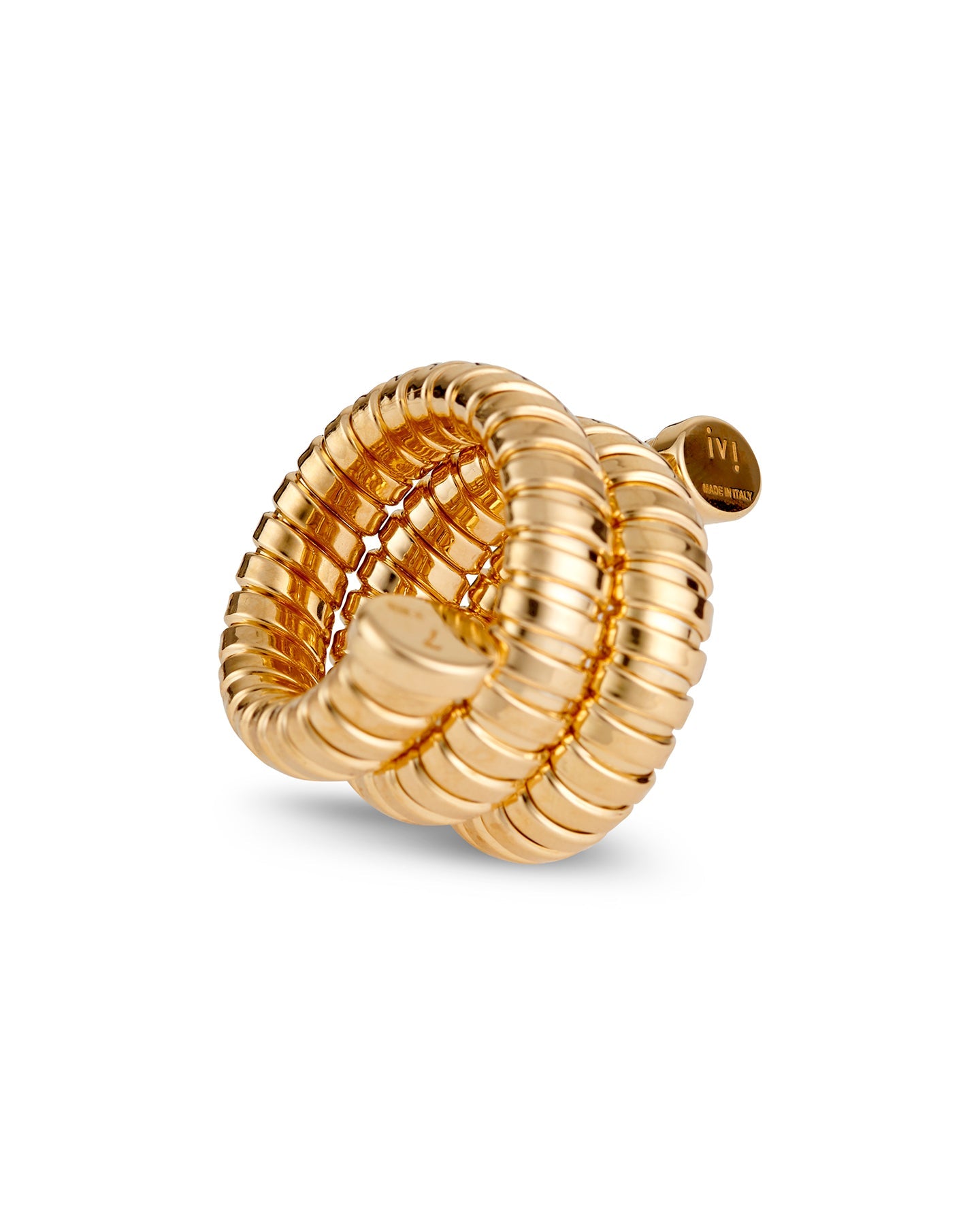 A gold-plated Gaia Triple Twist ring with a winding silhouette, displayed on a white background.