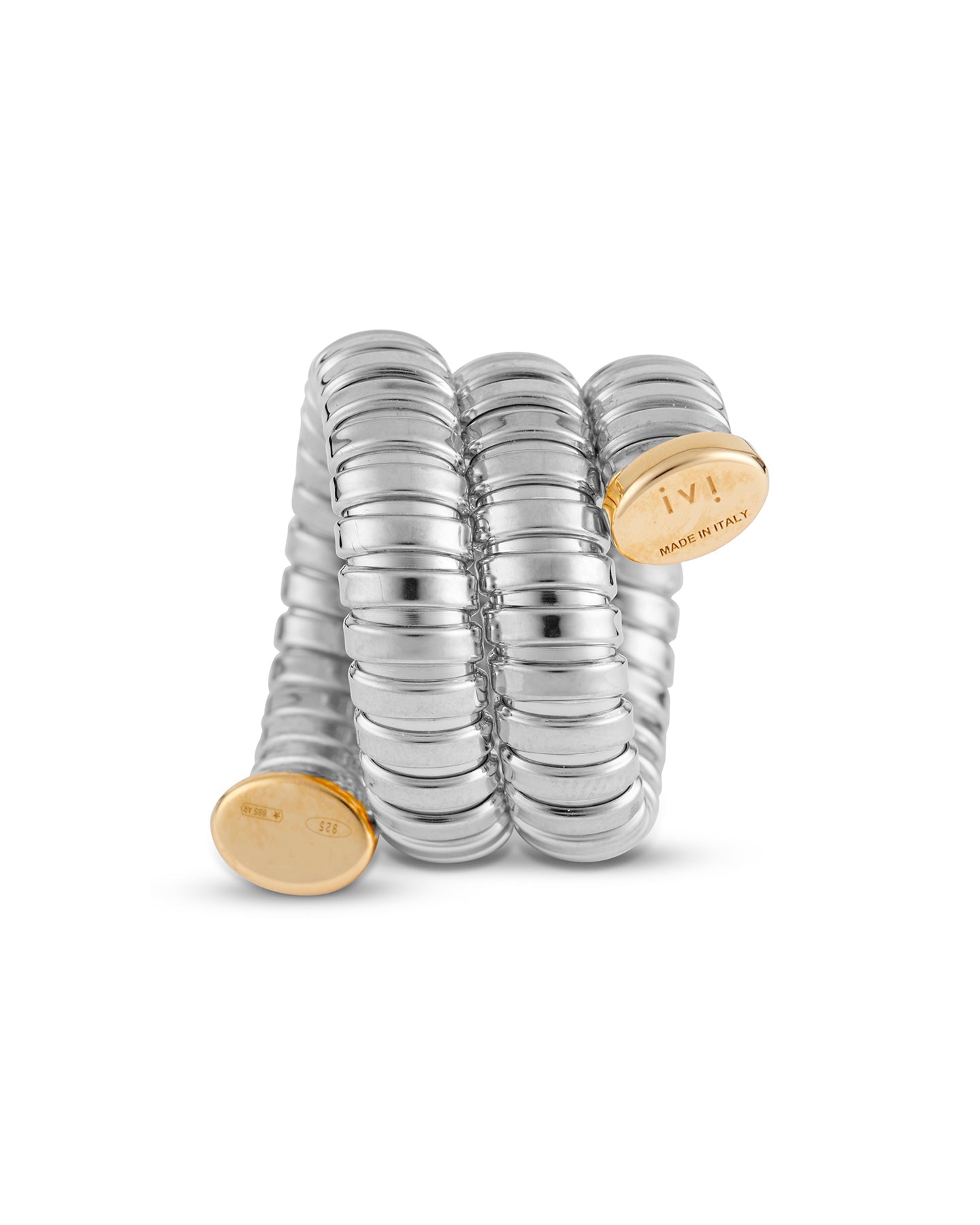 A rhodium-plated silver Gaia Triple Twist ring with gold tips, designed to wrap around the finger in a coiled fashion.