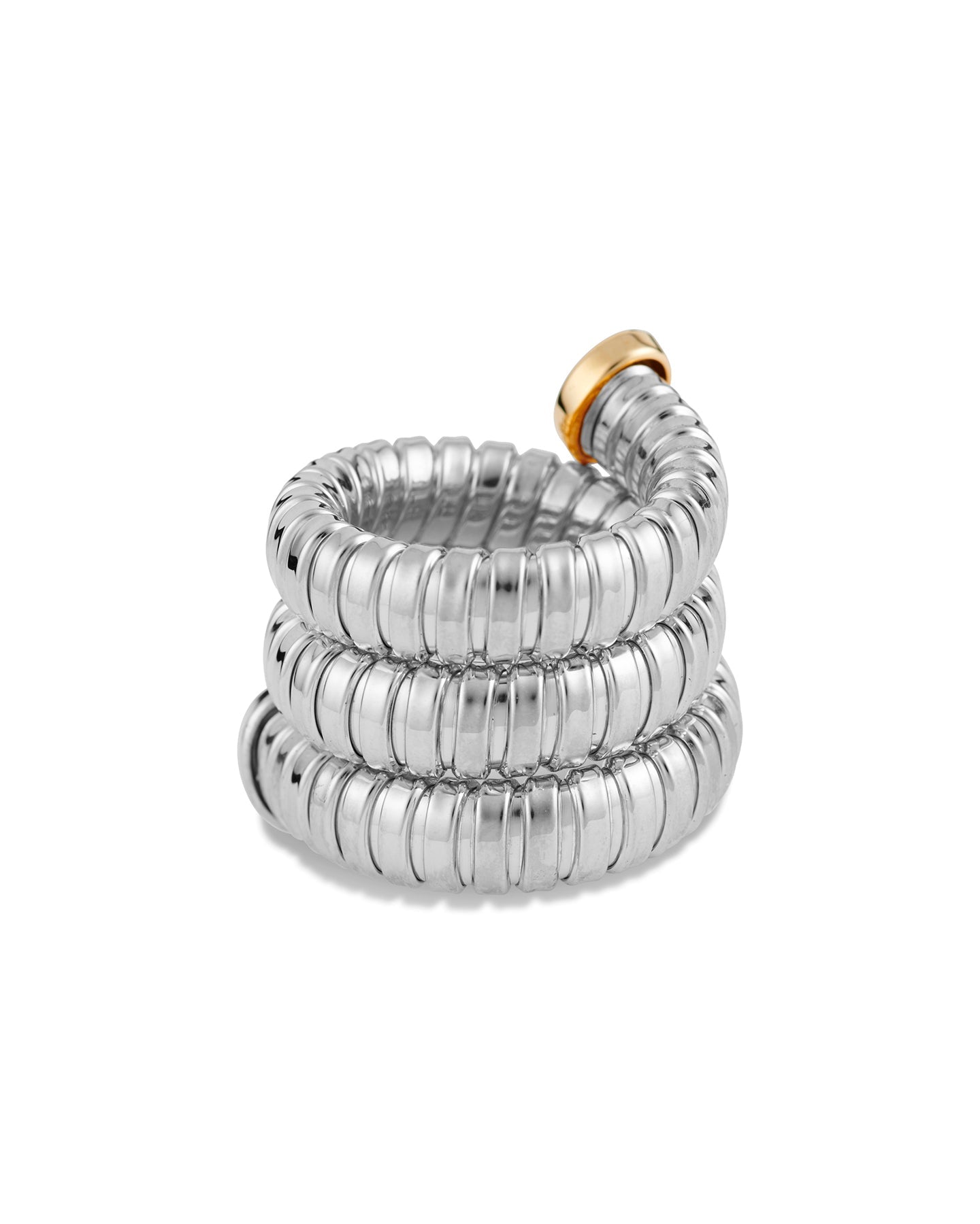 A rhodium-plated silver Gaia Triple Twist ring with gold tips, designed to wrap around the finger in a coiled fashion.