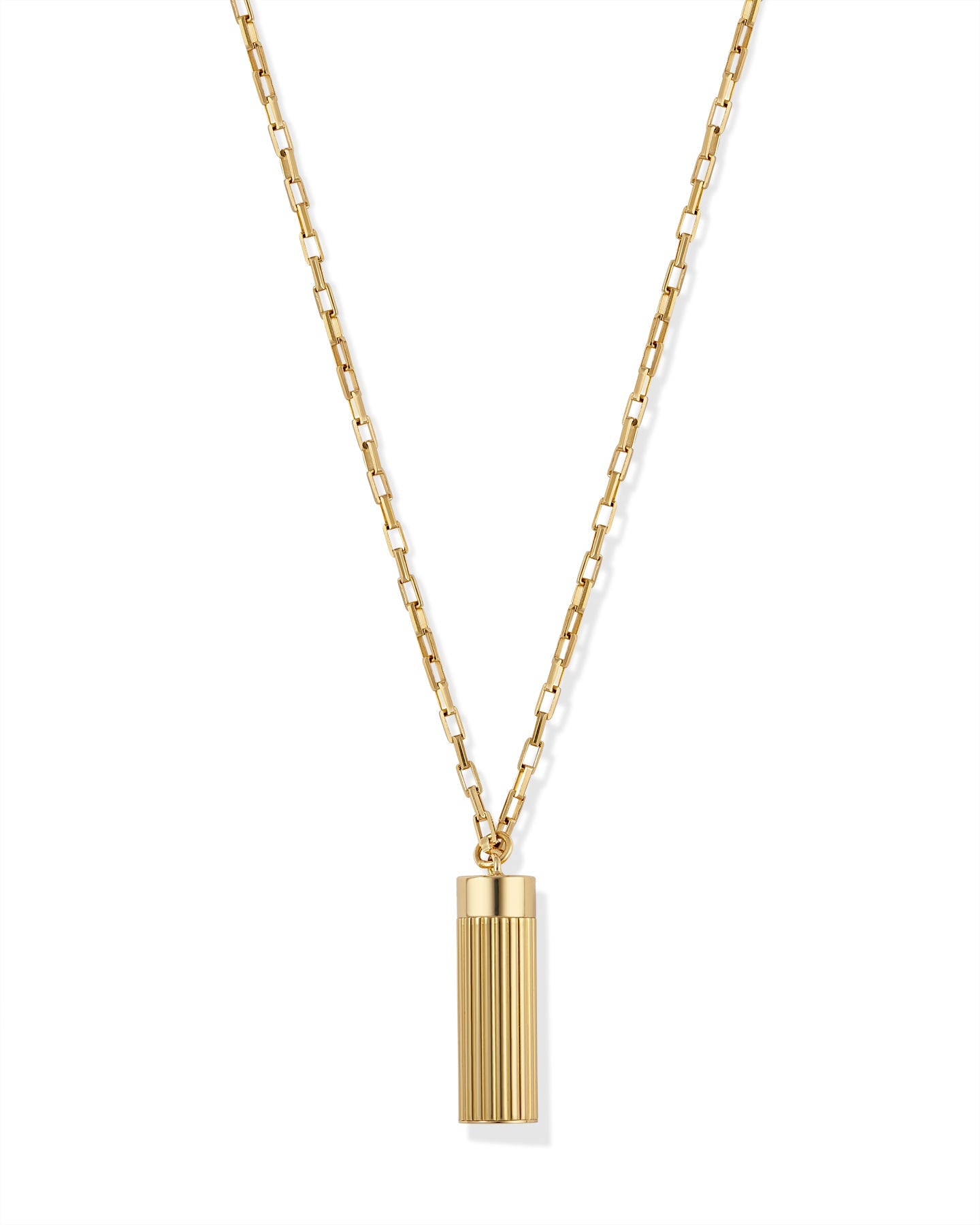 Gold necklace with a cylindrical pendant on a white background