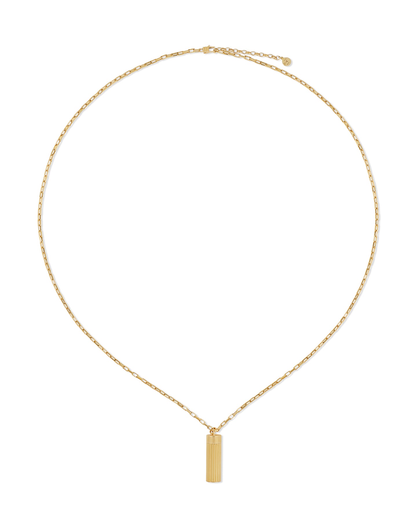 Gold necklace with a cylindrical pendant on a white background