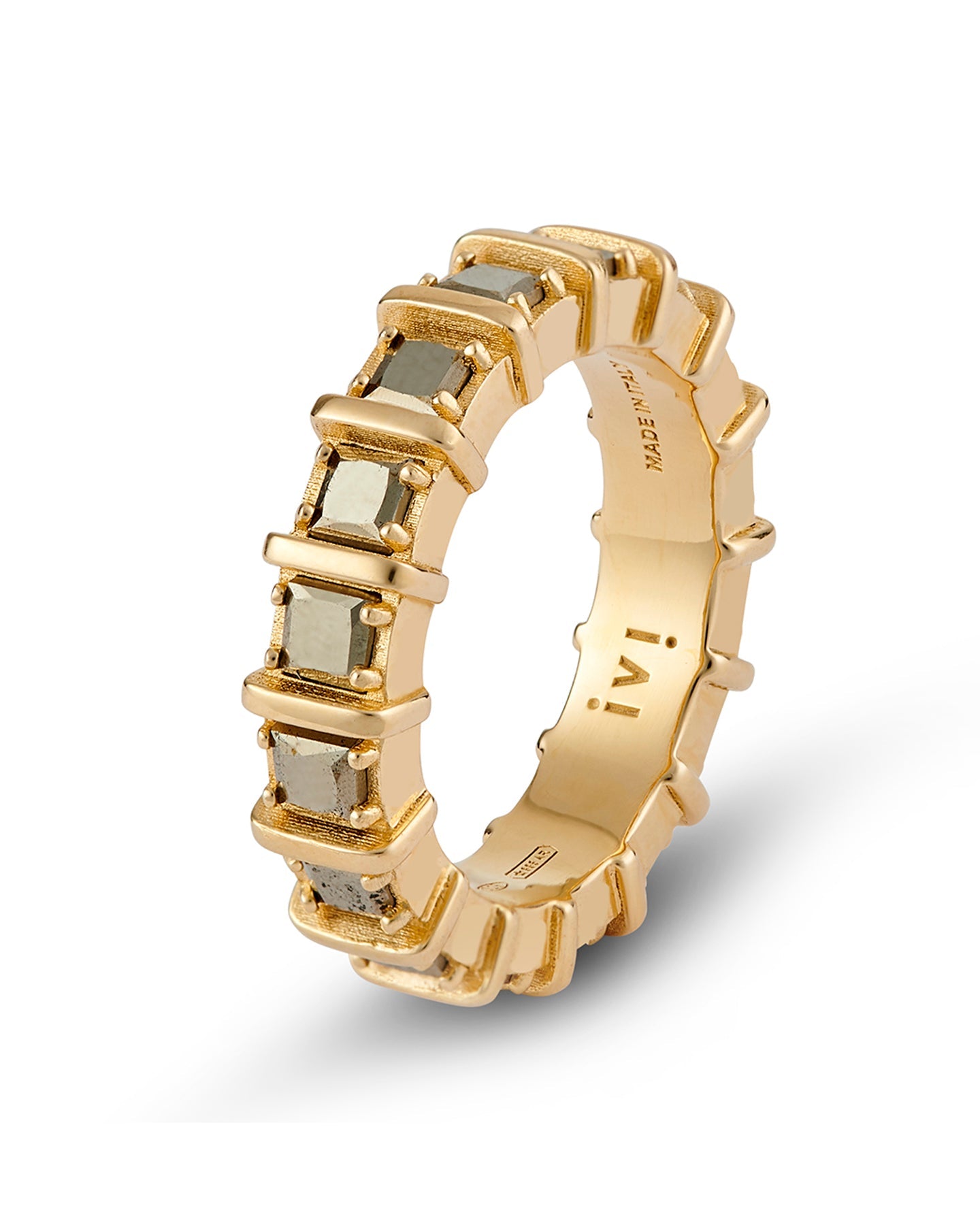 A gold-plated band ring with raised, squared frames set with shimmering pyrite stones.