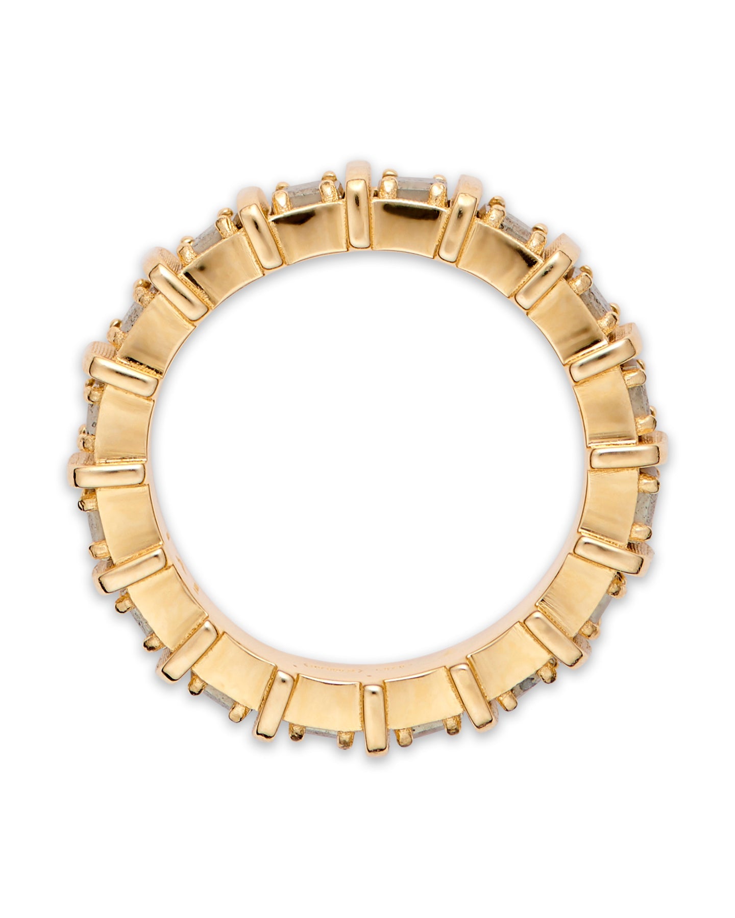 A gold-plated band ring with raised, squared frames set with shimmering pyrite stones.
