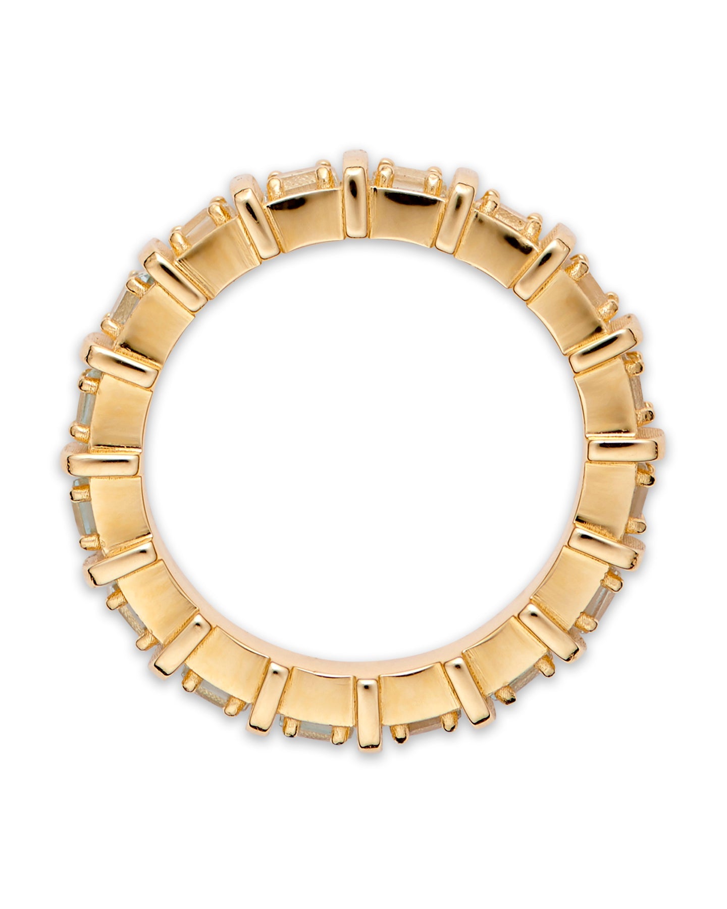 A gold-plated band ring with blue apatite stones set in raised, squared frames.