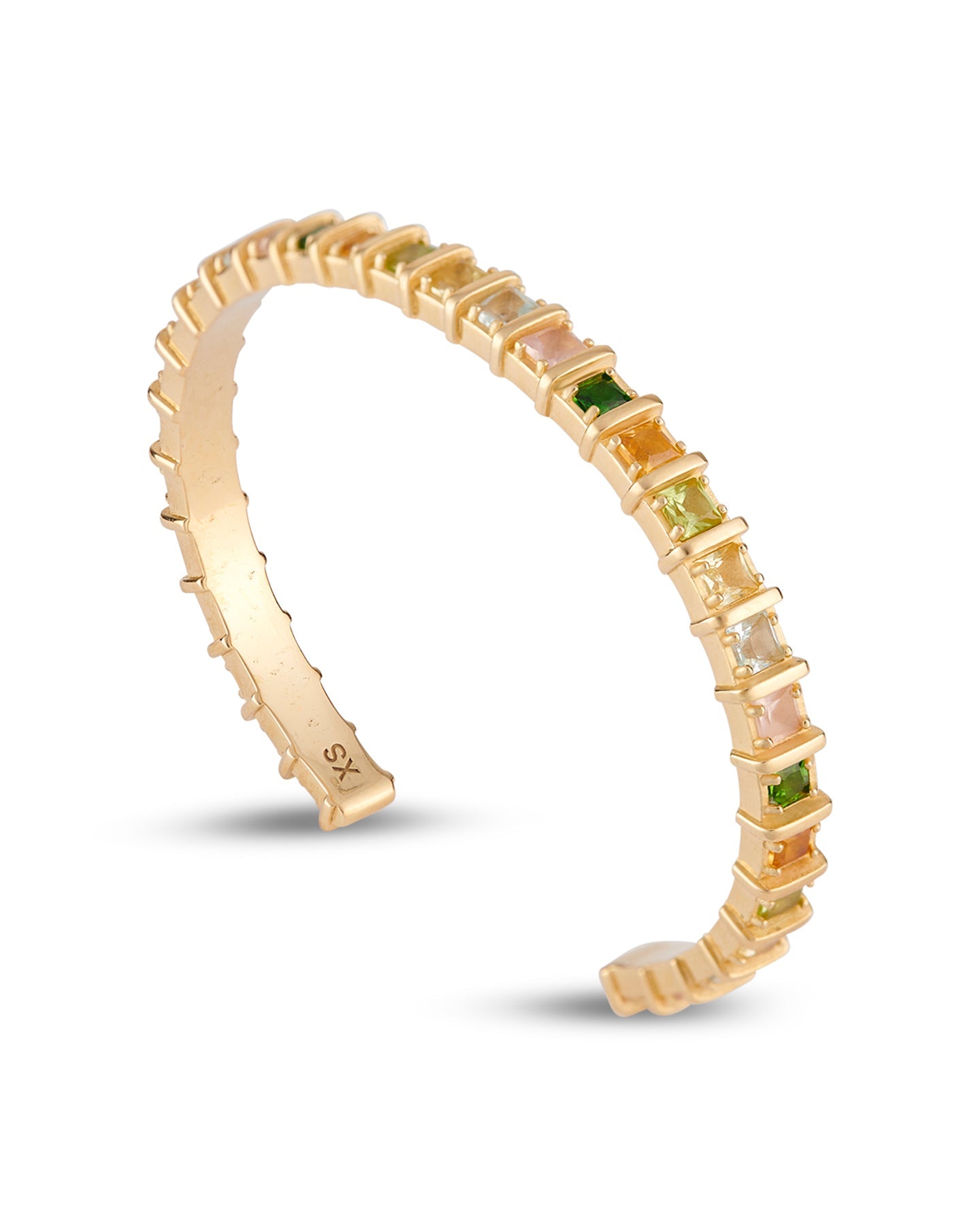 Gold-plated open cuff bracelet set with multicolored natural gemstones in raised square settings.