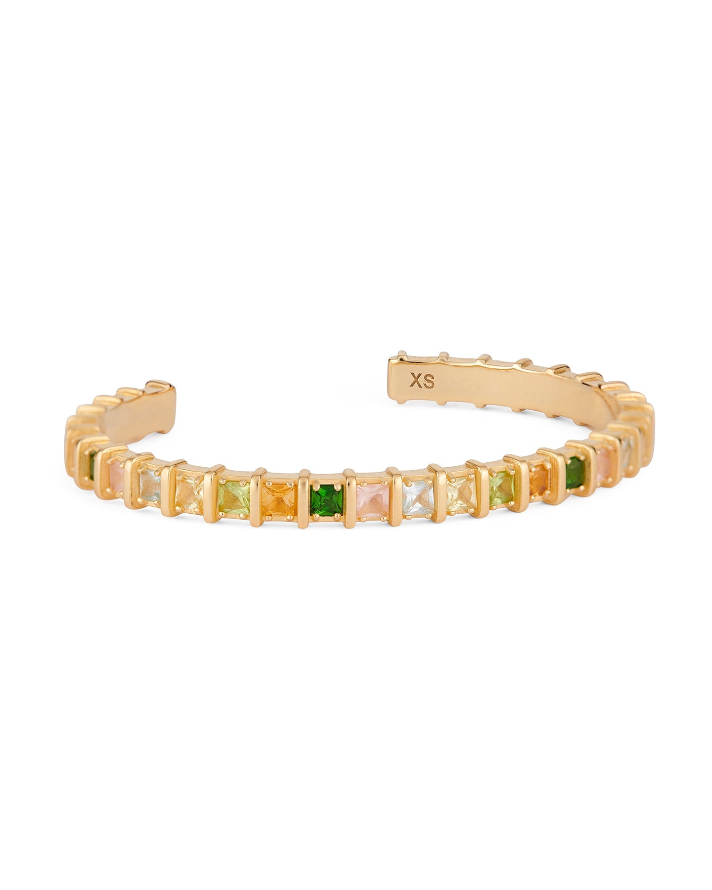 Gold-plated open cuff bracelet set with multicolored natural gemstones in raised square settings.