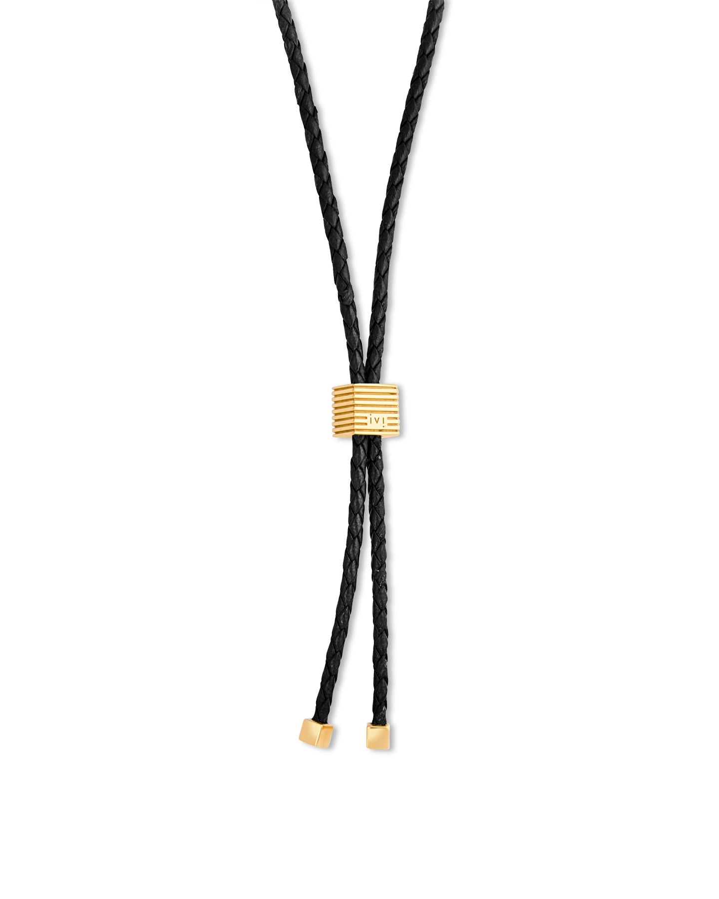 Black adjustable bolo tie necklace with gold slider detail and metal end caps.