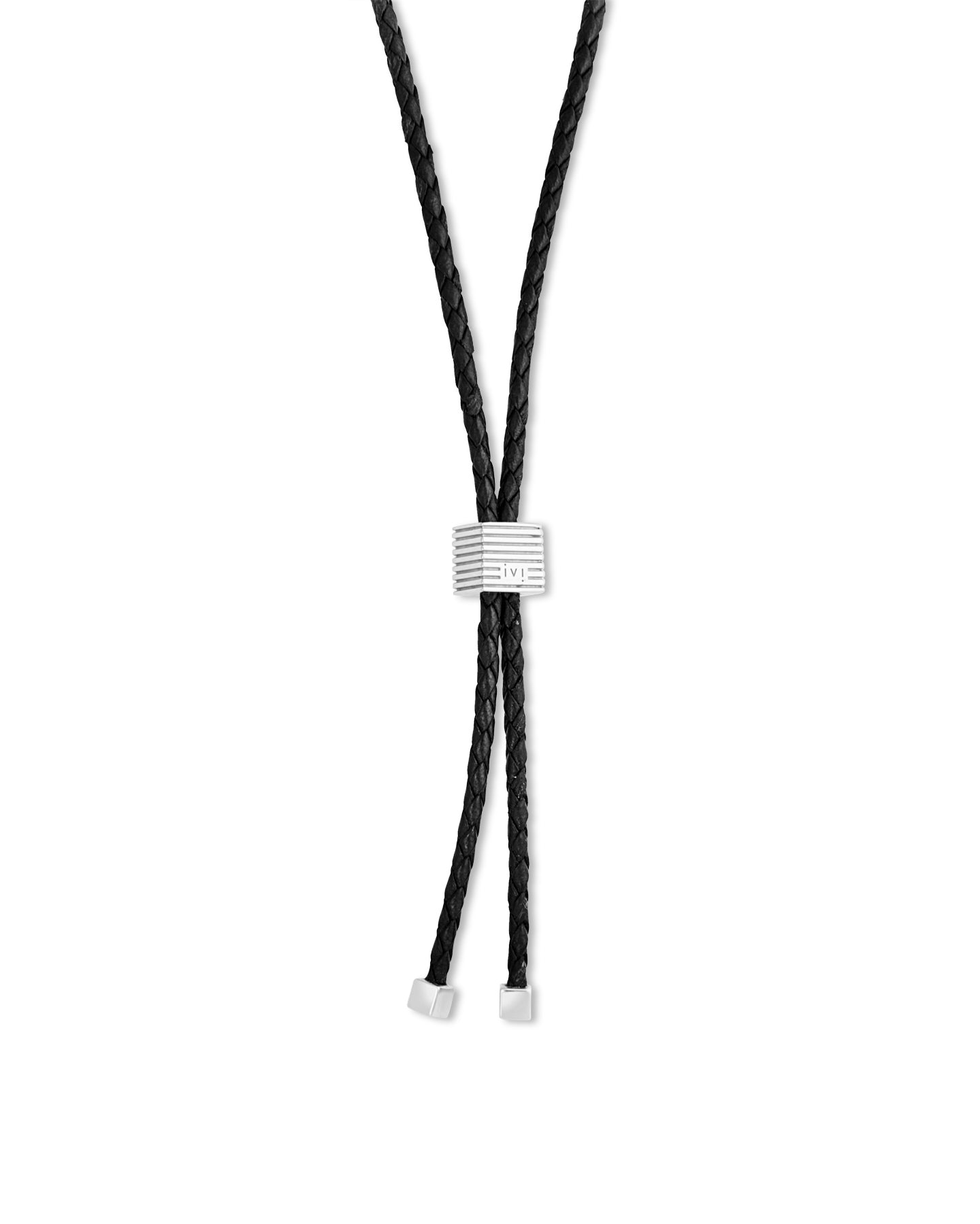 A bolo tie with an adjustable silhouette crafted from braided leather, with signature rhodium-plated cubes at the fastening and tips.
