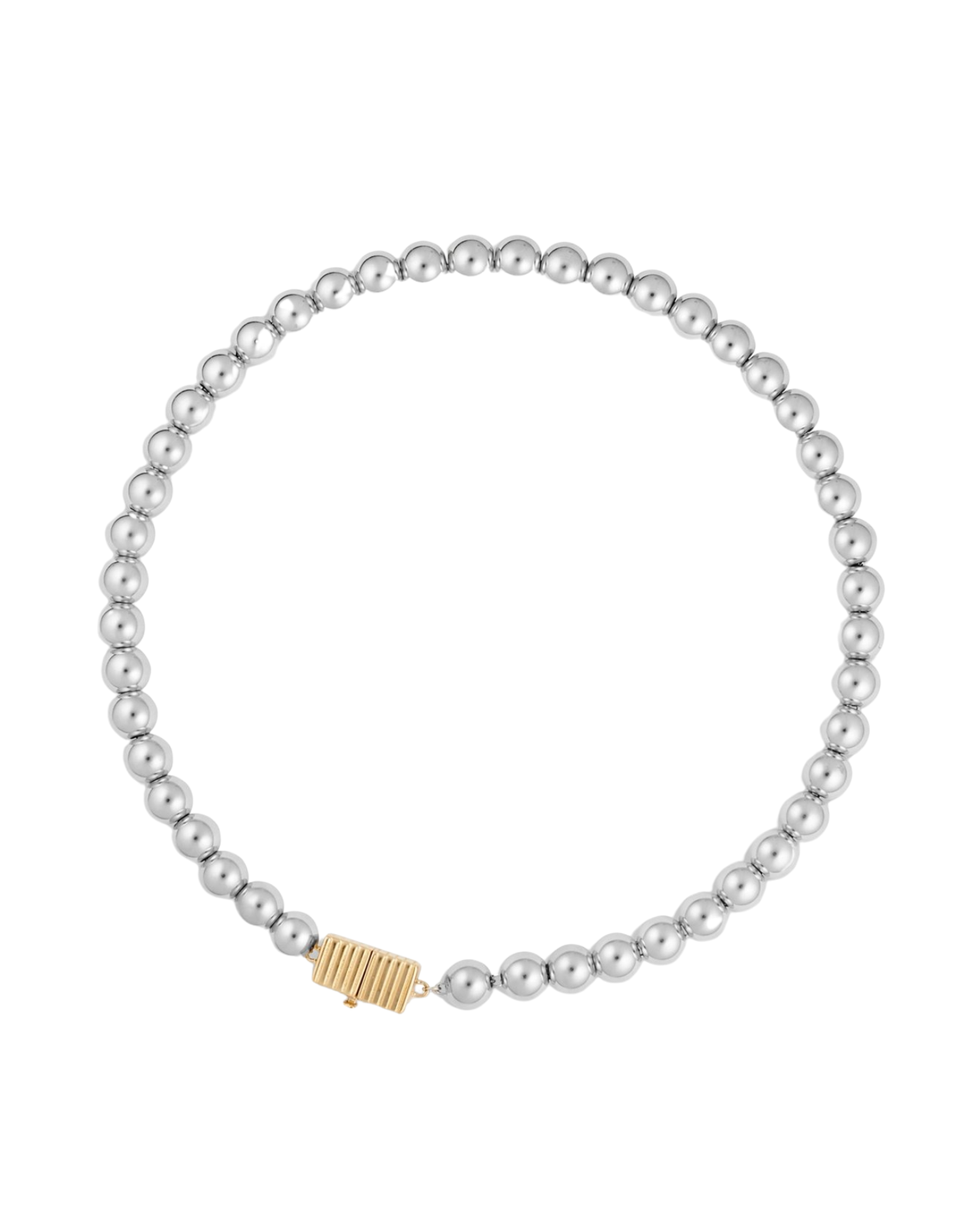 A silver necklace featuring a series of round rhodium-plated beads and a rectangular clasp with a small gold-tone detail.