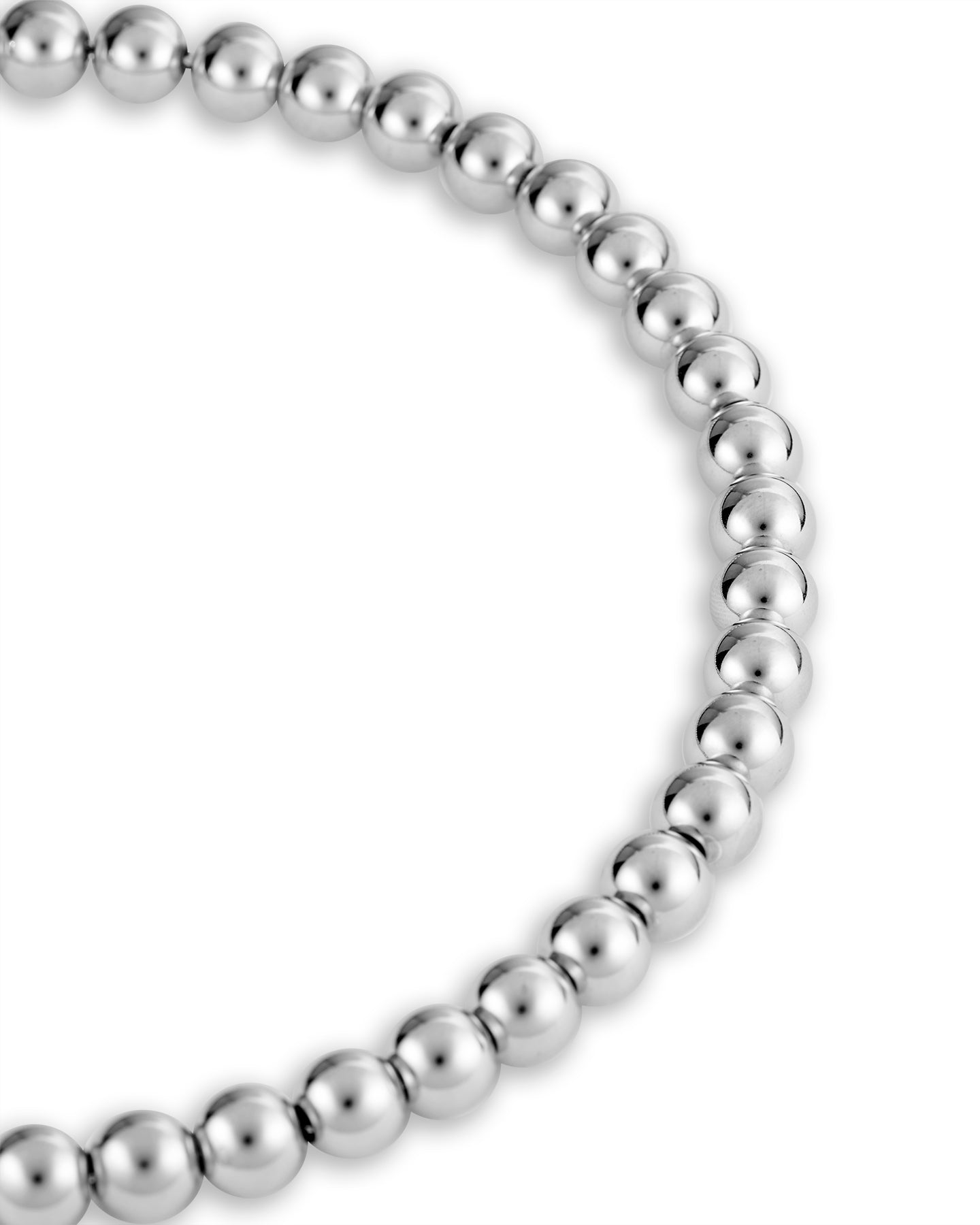 A silver necklace featuring a series of round rhodium-plated beads