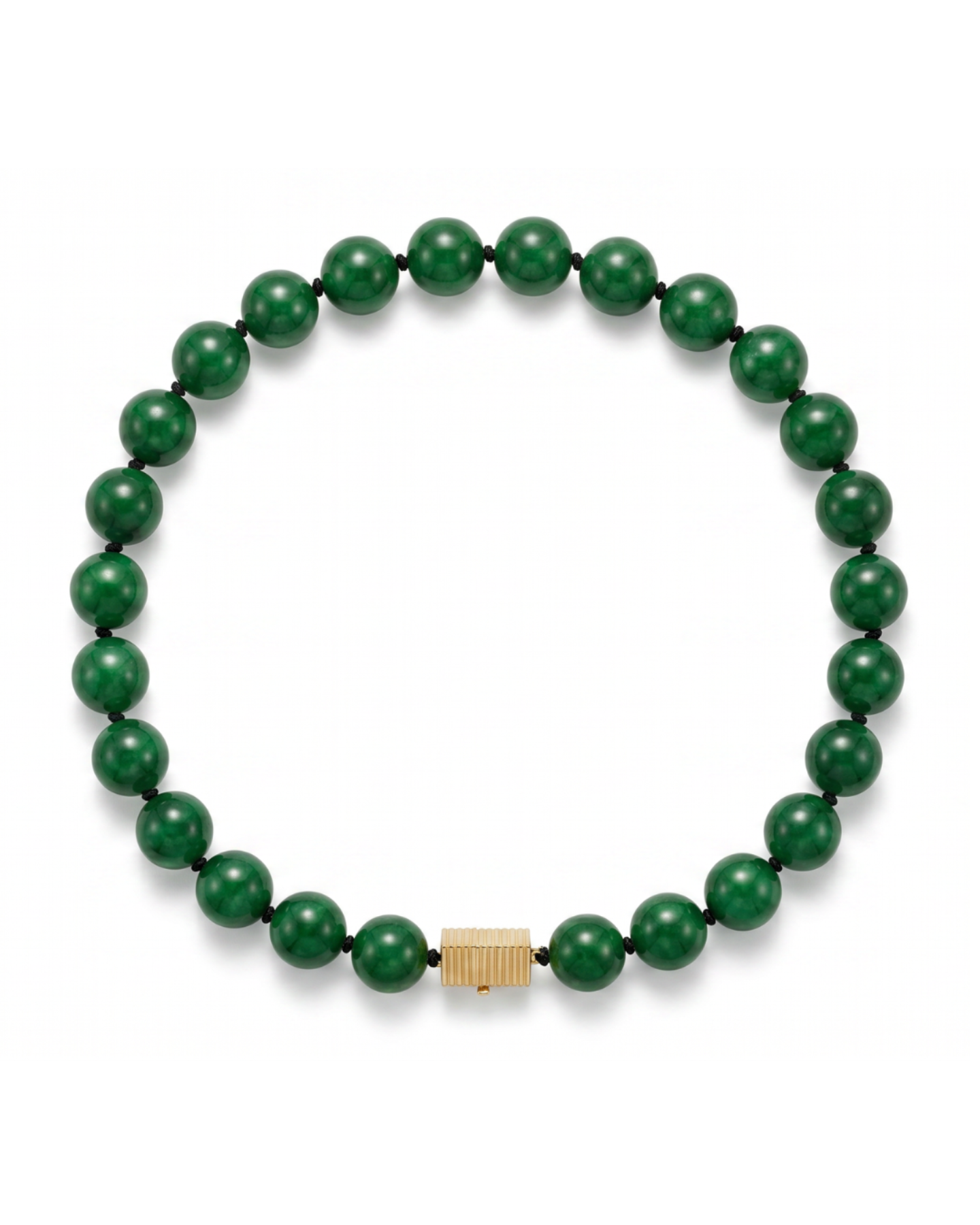 Green beaded necklace with a gold clasp on a white background