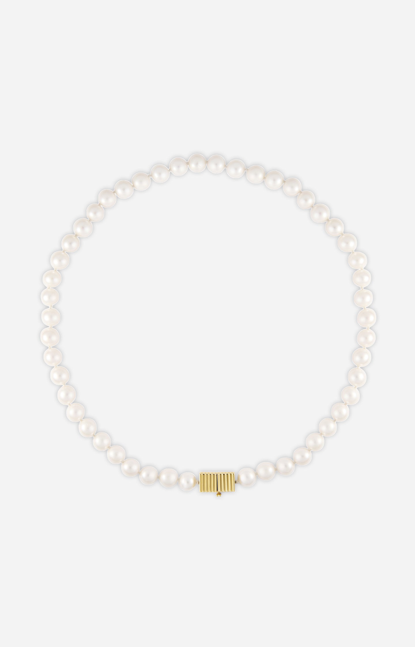 Pearl necklace with a gold clasp on a white background