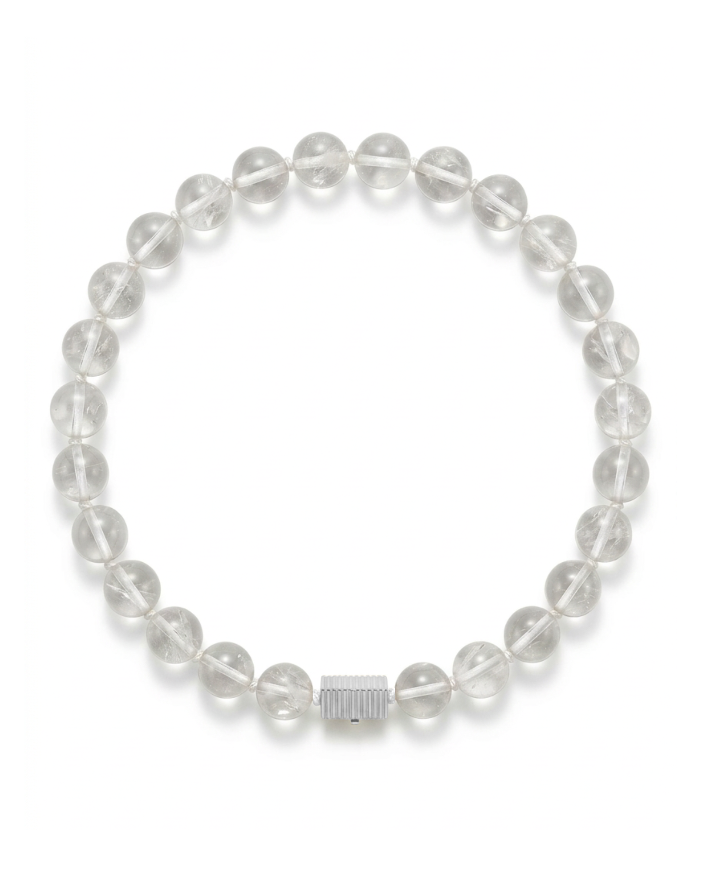 Crystal quartz beaded necklace with a silver clasp on a white background