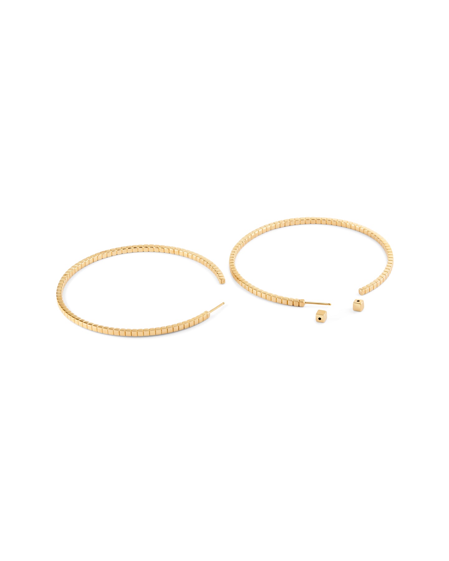 A pair of gold-plated Signore hoop earrings with a textured design, resembling a curving row of square beads.