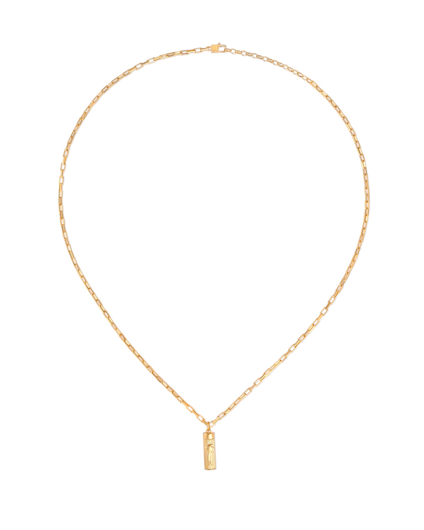 Gold necklace with a cylindrical pendant featuring a palm tree motif on a white background.