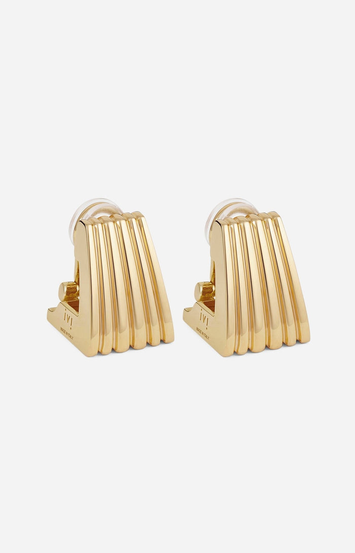 A pair of gold-plated clip earrings with a hollow, squared silhouette and vertical engravings.