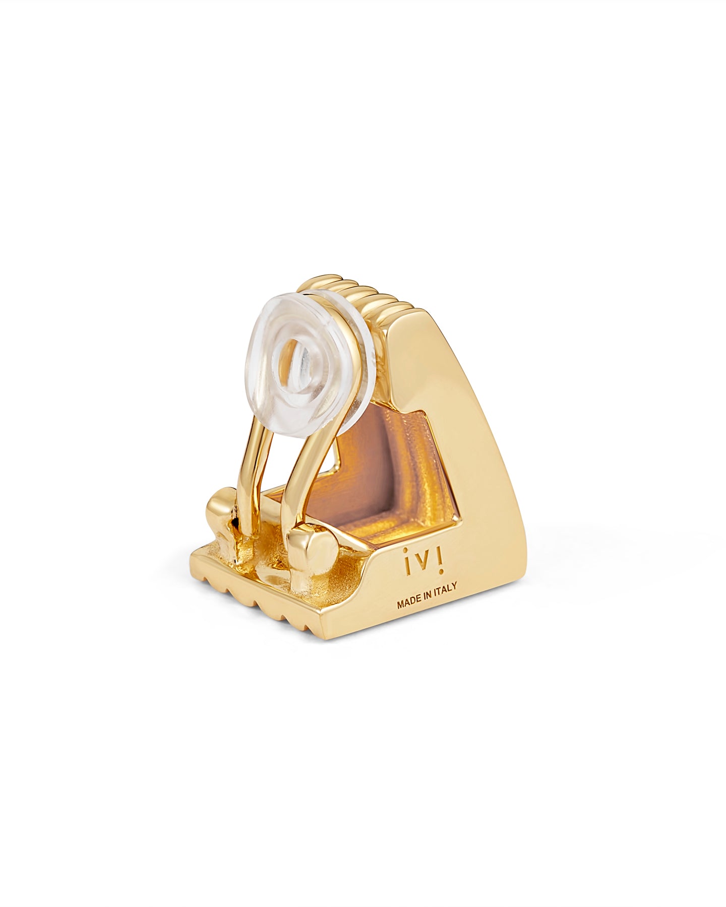 A pair of gold-plated clip earrings with a hollow, squared silhouette and vertical engravings.