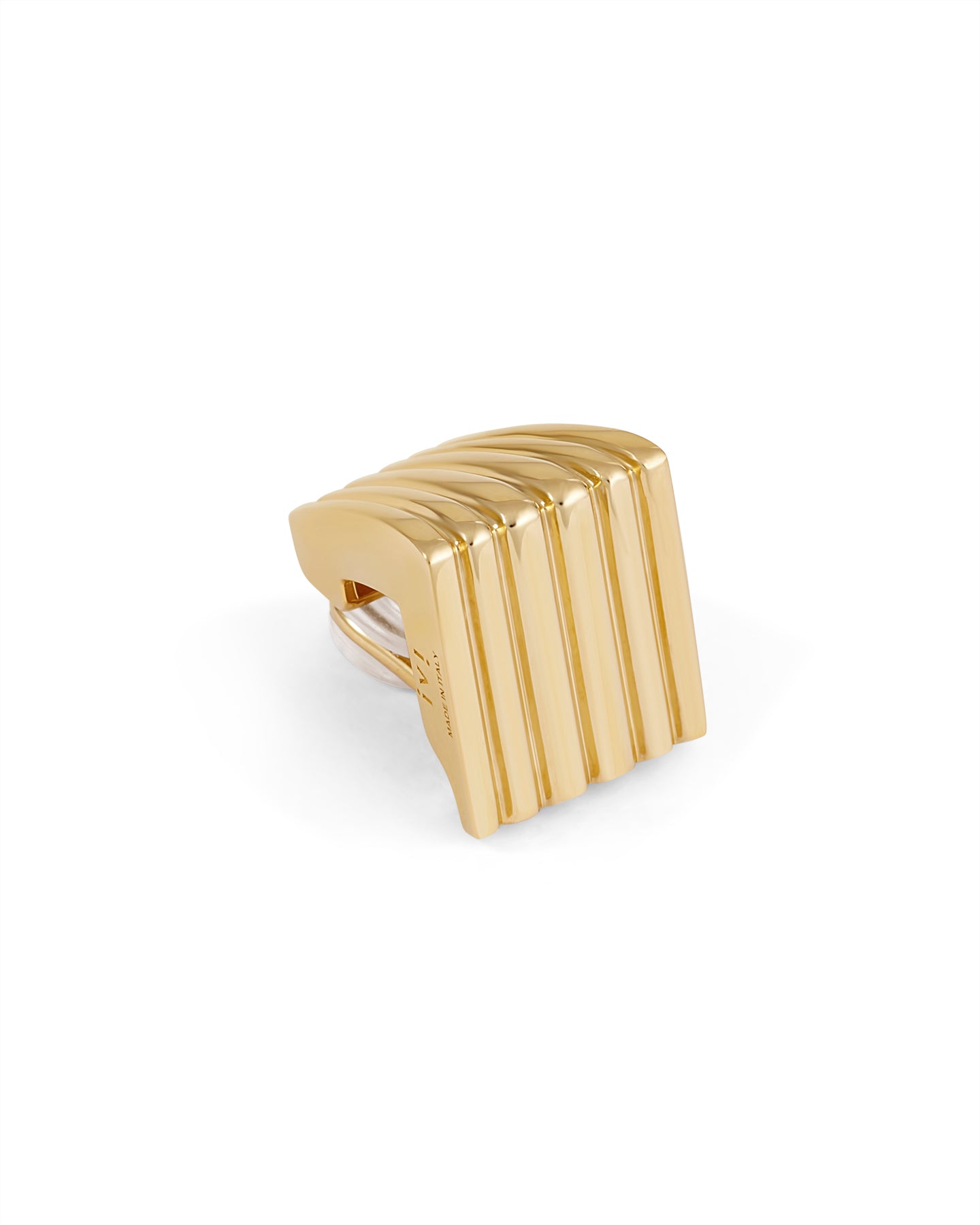 A pair of gold-plated clip earrings with a hollow, squared silhouette and vertical engravings.