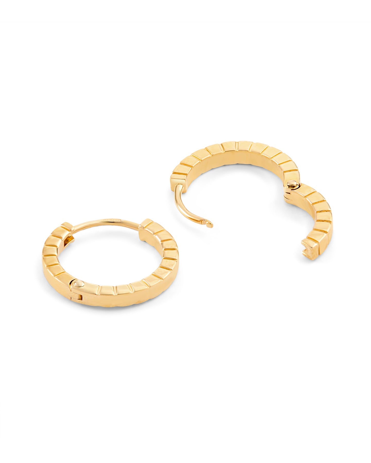 A pair of medium gold-plated Signore hoop earrings with a textured design, resembling a curving row of square beads.